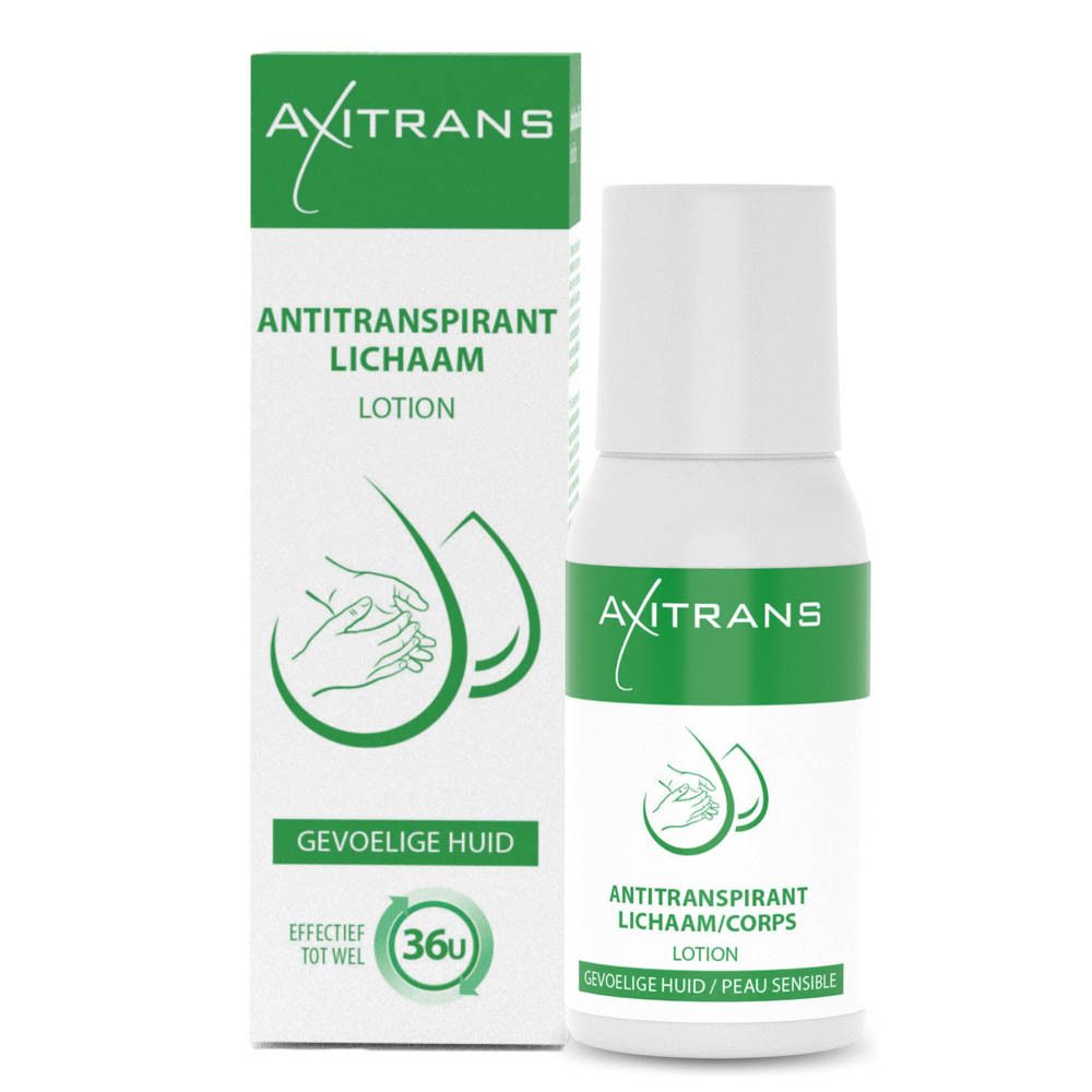 Axitrans Peau Sensible Lotion. Fles en verpakking. Opschrift: Antitranspirant Lichaam, Gevoelige Huid.