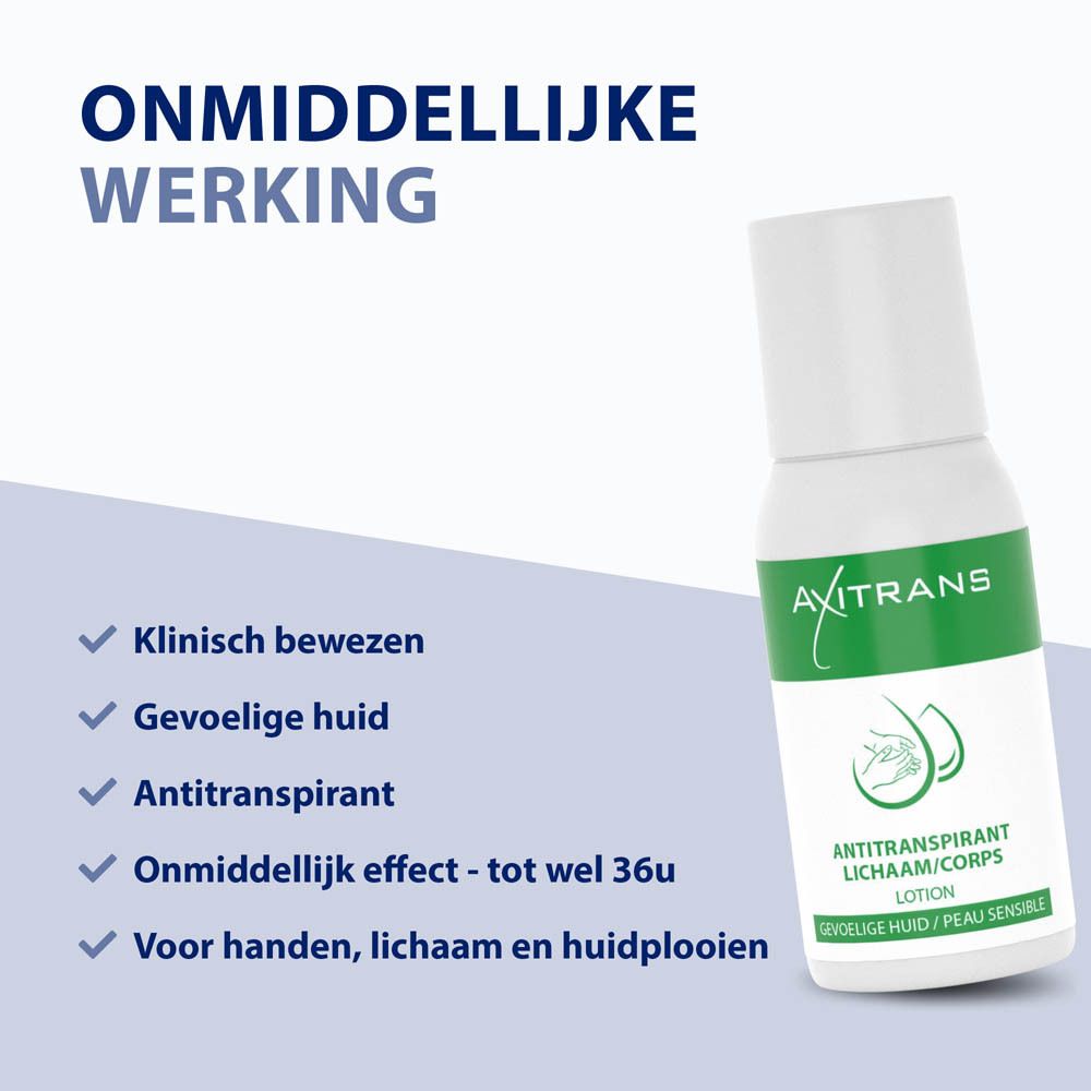 Axitrans Peau Sensible Lotion. Fles en verpakking. Opschrift: Antitranspirant Lichaam/Corps, Gevoelige Huid/Peau Sensible.