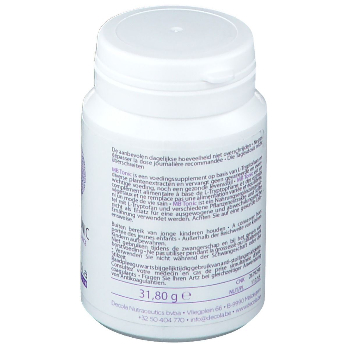 Flacon blanc avec couvercle. Texte en néerlandais. Inscription: 31,80 g. Decola Nutraceutics.
