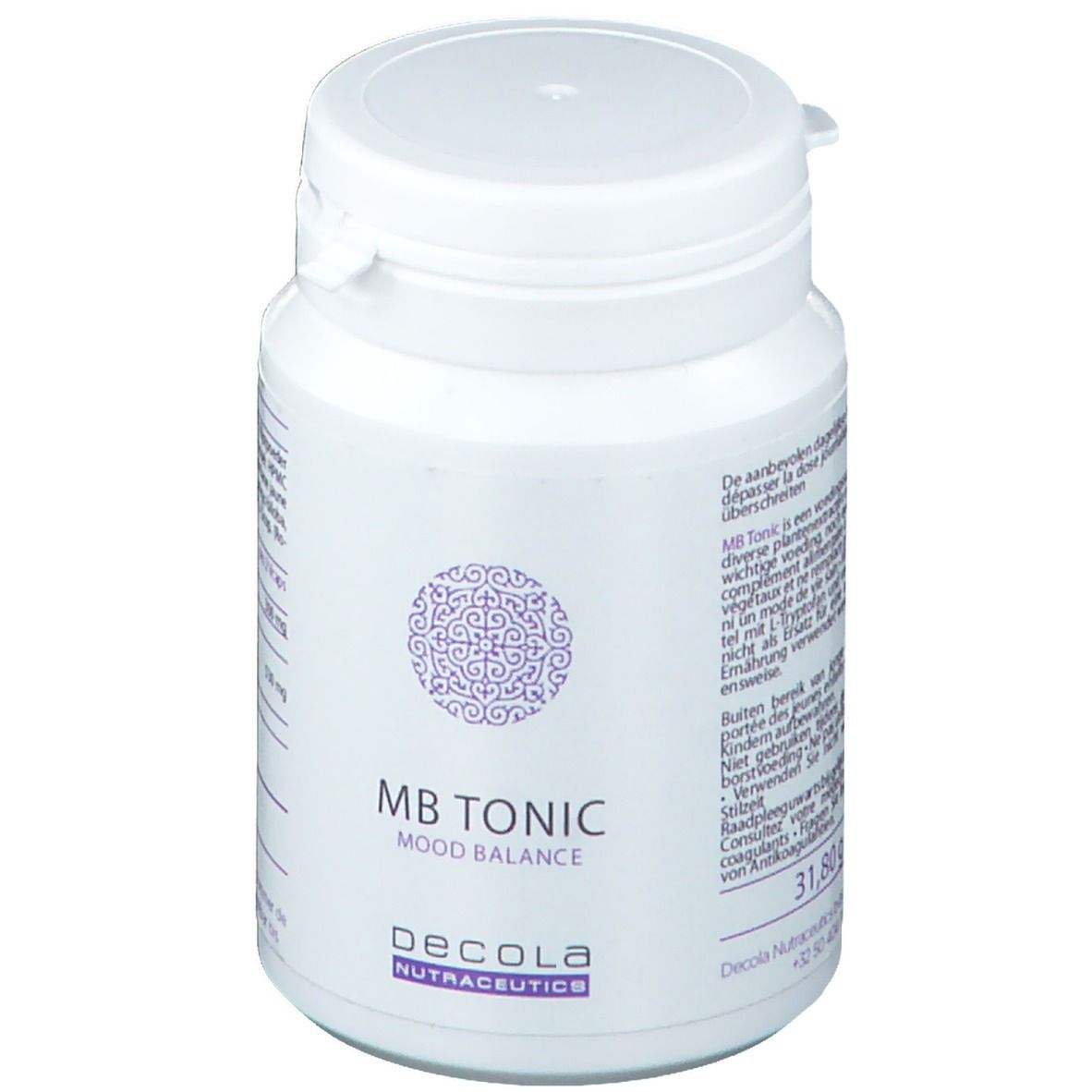 Flacon blanc avec couvercle. Inscription: MB TONIC, MOOD BALANCE, Decola. Motif violet.