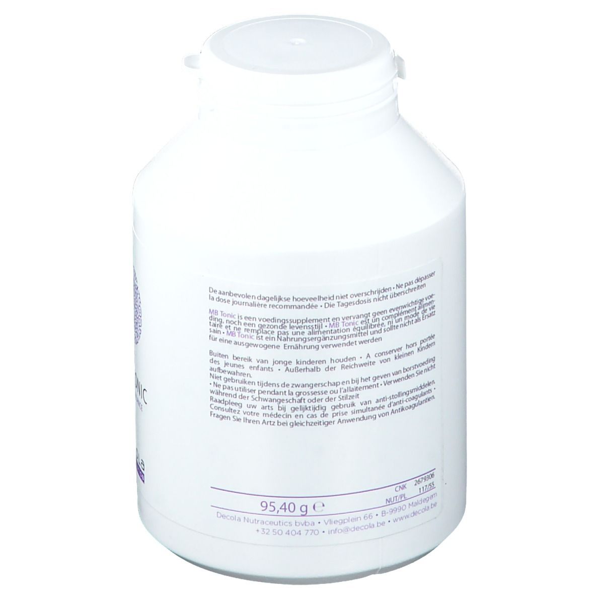 Dos d'une bouteille blanche à bouchon à vis. Texte en plusieurs langues. Poids : 95,40 g. Informations fabricant.
