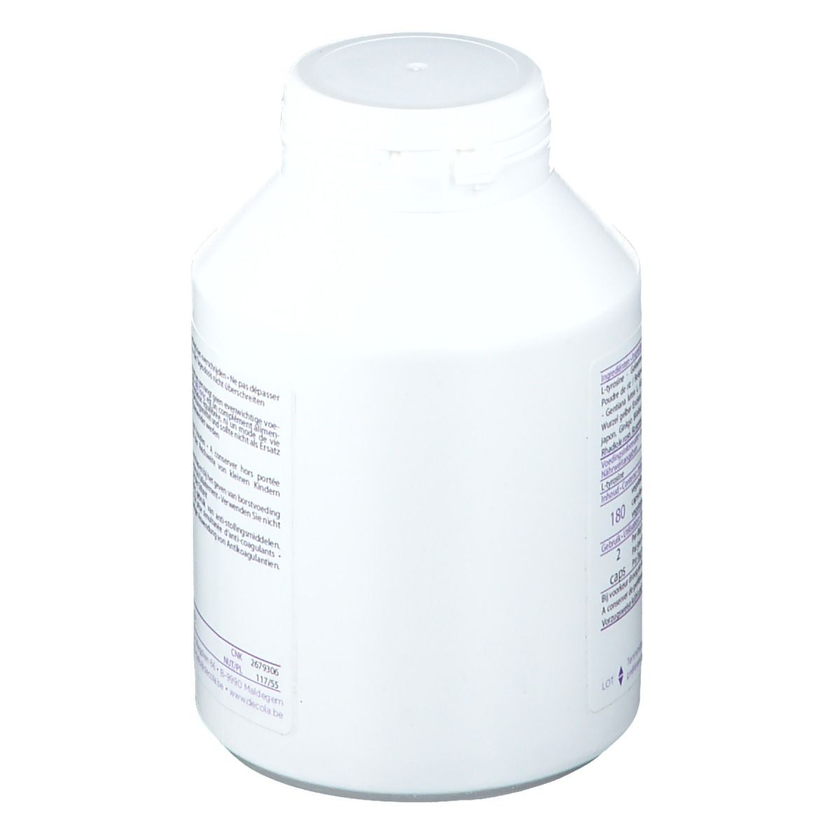 Vue latérale d'une bouteille blanche à bouchon à vis. Texte en plusieurs langues. Étiquette d'information.