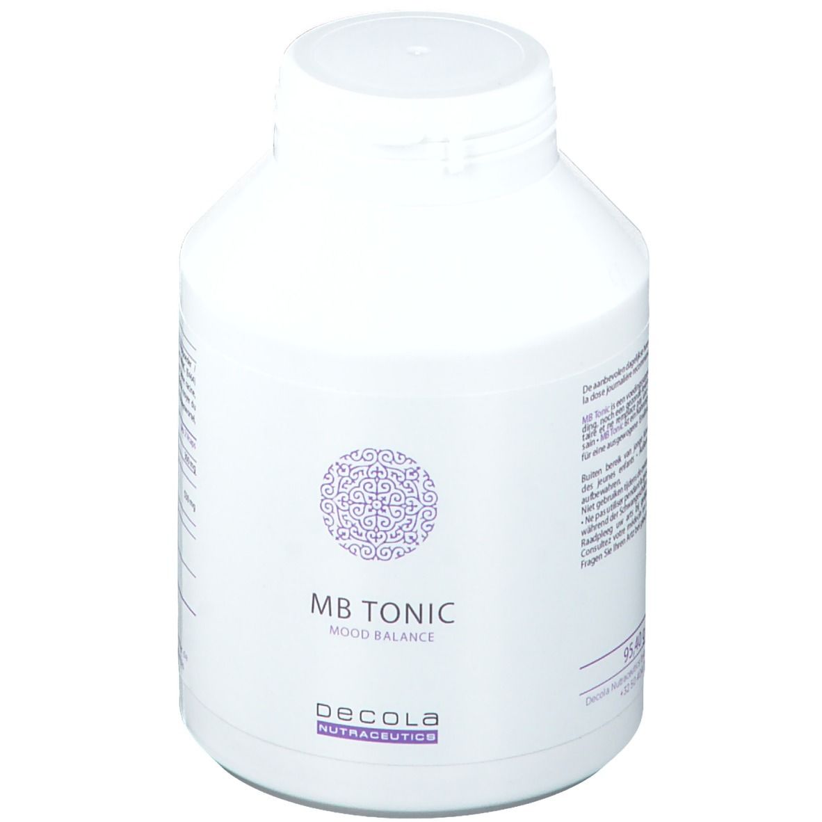 Bouteille blanche à bouchon à vis. Inscription : MB Tonic, Mood Balance, Decola Nutraceutics. Motif violet.