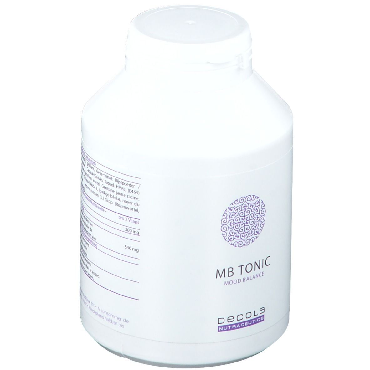 Bouteille blanche à bouchon à vis. Inscription : MB Tonic, Mood Balance, Decola Nutraceutics. Motif violet. Texte.