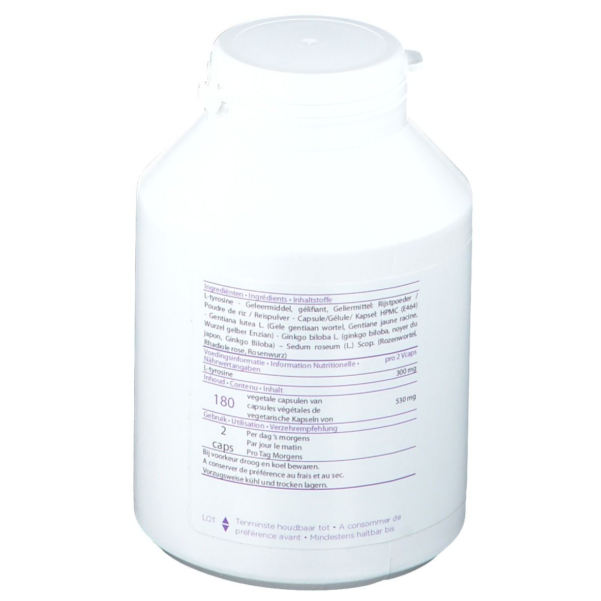 Dos d'une bouteille blanche à bouchon à vis. Texte multilingue. Informations sur les ingrédients et le dosage.
