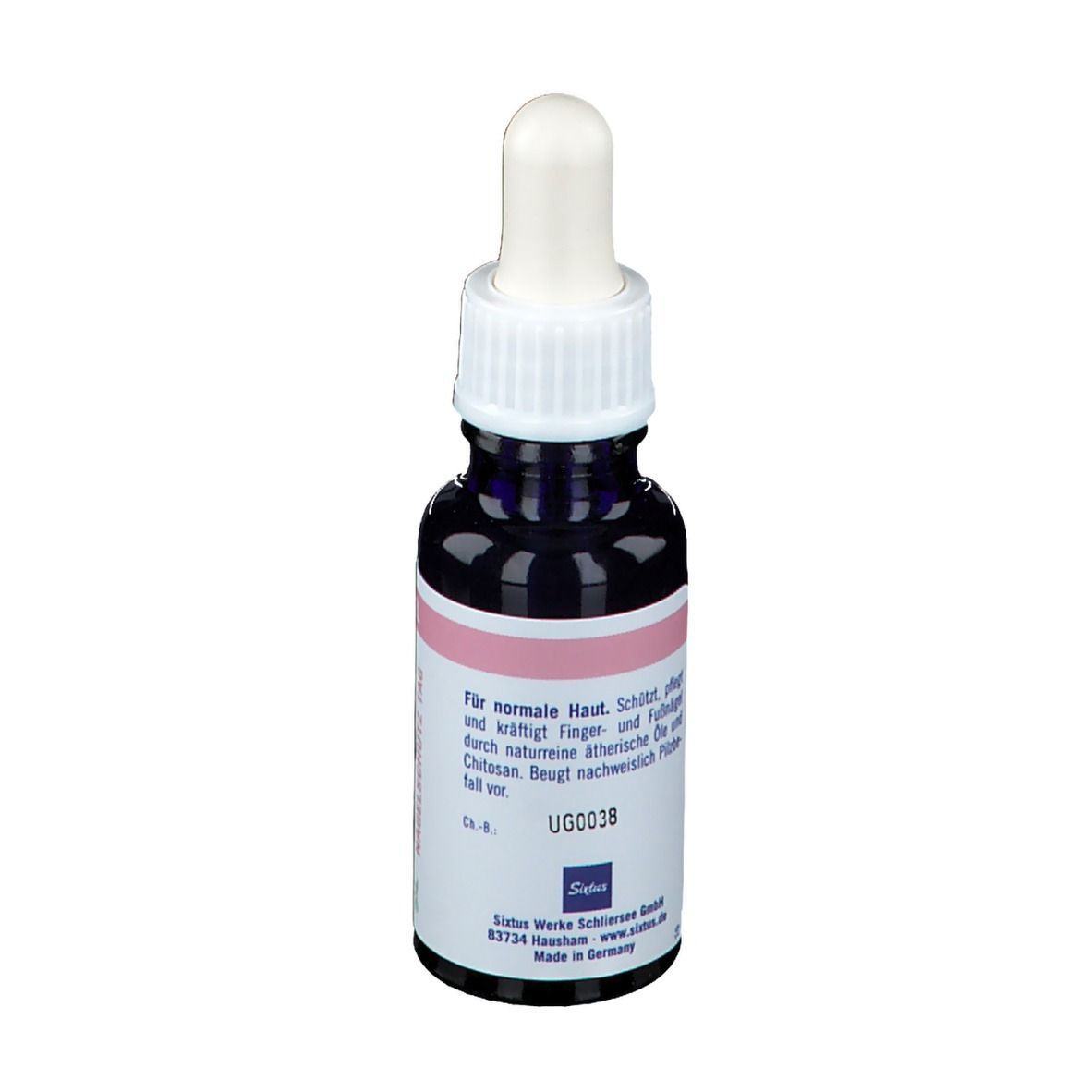 Flacon avec pipette. Étiquette avec Sixtus, Nagel, Nagelschutz Tag. Texte sur la protection de la peau et le chitosan.