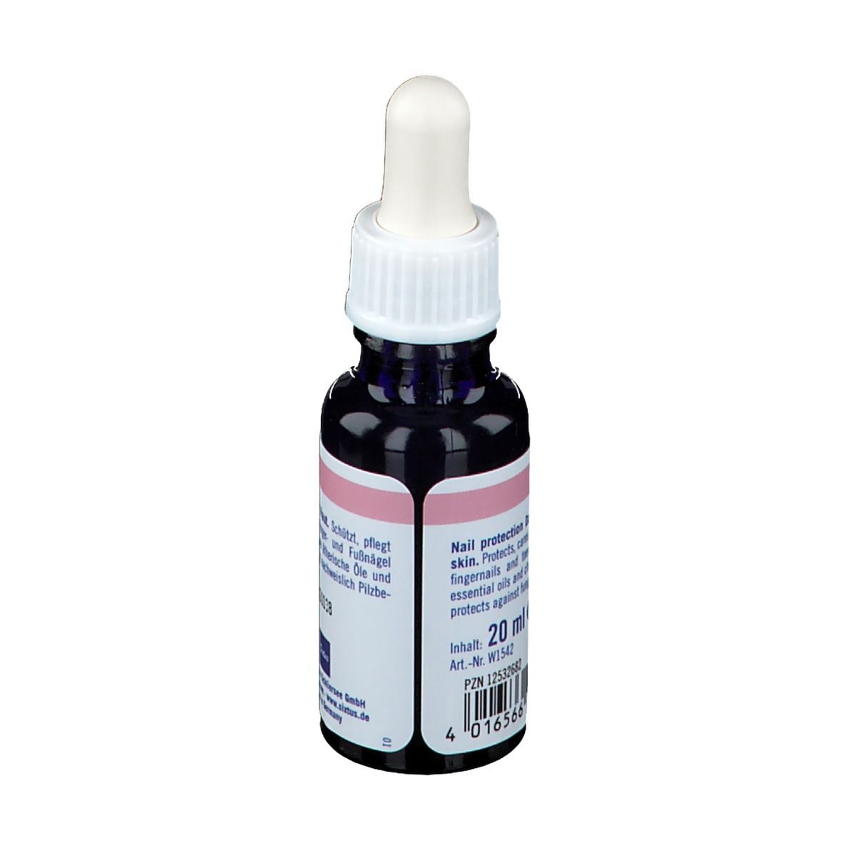 Flacon avec pipette. Étiquette avec Sixtus, Nagel, Nagelschutz Tag. 20 ml, réf. et code-barres.