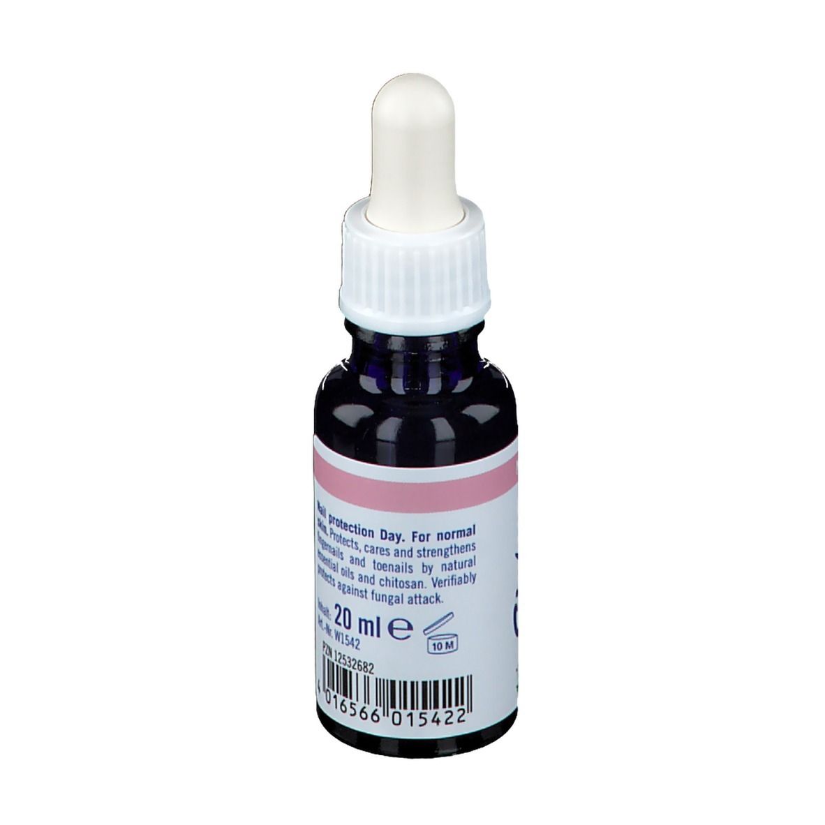 Flacon avec pipette. Étiquette avec Sixtus, Nagel, Nagelschutz Tag. 20 ml, code-barres et durée de conservation.