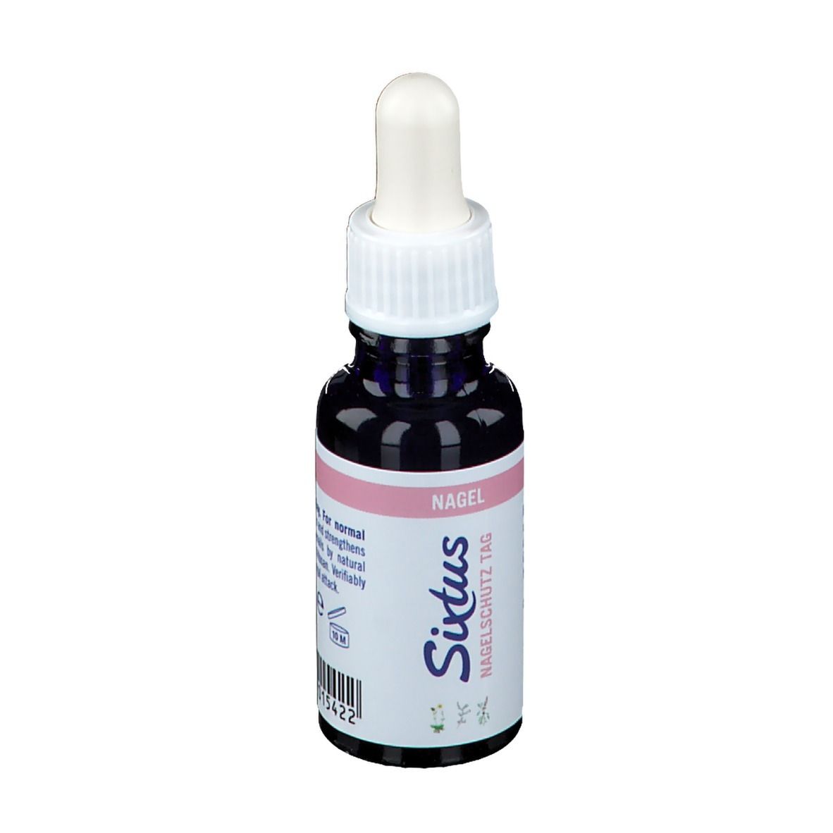 Flacon avec pipette. Étiquette avec Sixtus, Nagel, Nagelschutz Tag. Bande rose avec texte.