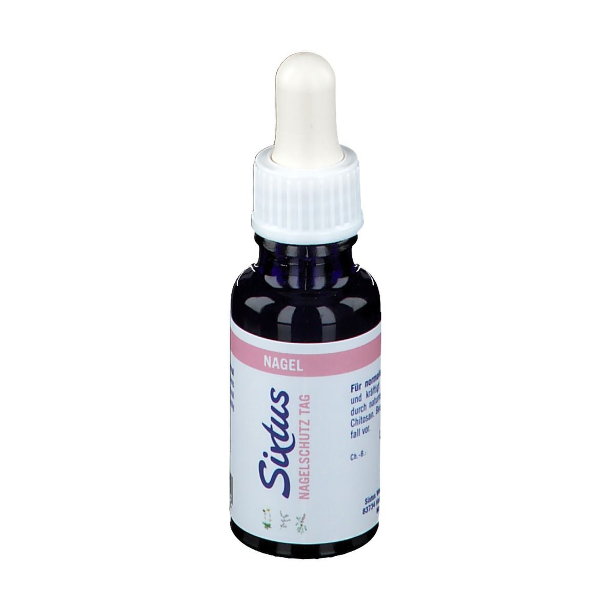 Flacon avec pipette. Étiquette avec Sixtus, Nagel, Nagelschutz Tag. Bande rose avec texte.