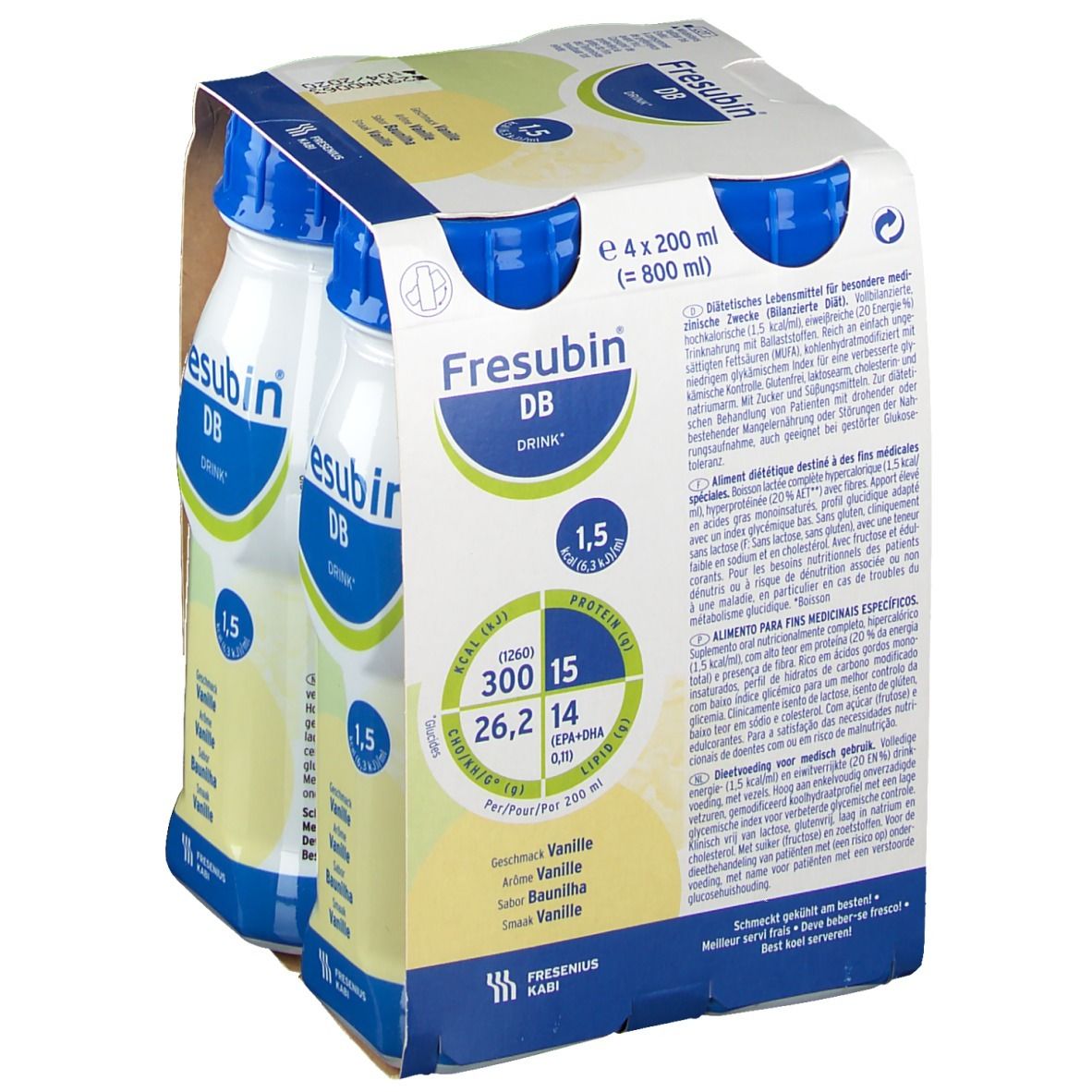 Verpakking met vier flessen Fresubin DB Drink Vanille. Elke fles heeft een blauwe dop en een wit etiket. Voedingsinformatie op de verpakking.