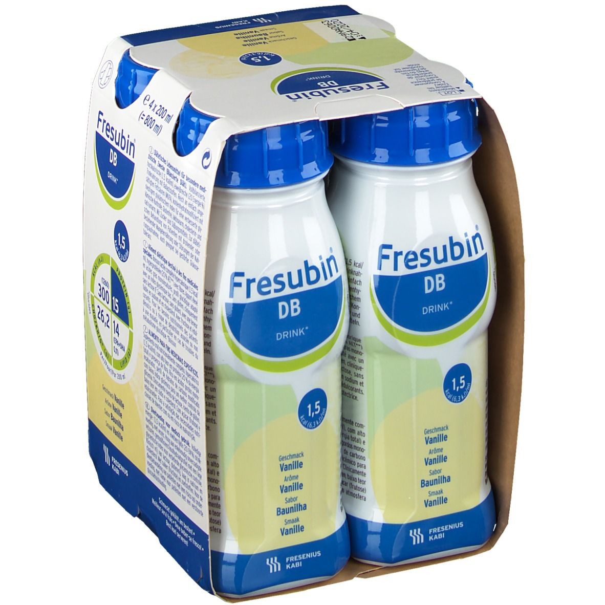 Verpakking met vier flessen Fresubin DB Drink Vanille. Twee flessen zichtbaar. Blauwe doppen en witte etiketten. Opschrift: Fresubin DB Drink.