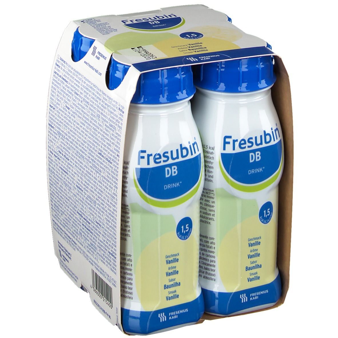 Verpakking met vier flessen Fresubin DB Drink Vanille. Twee flessen zichtbaar. Blauwe doppen en witte etiketten. Tekst op de verpakking. Opschrift: Fresubin DB Drink.