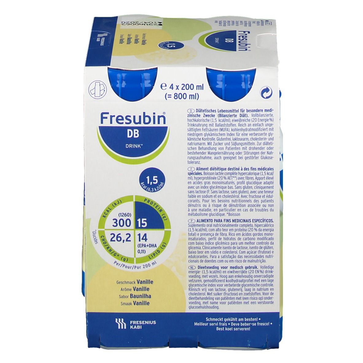 Verpakking met vier flessen Fresubin DB Drink Vanille. Blauwe doppen en witte etiketten. Voedingsinformatie op de verpakking. Opschrift: Fresubin DB Drink.