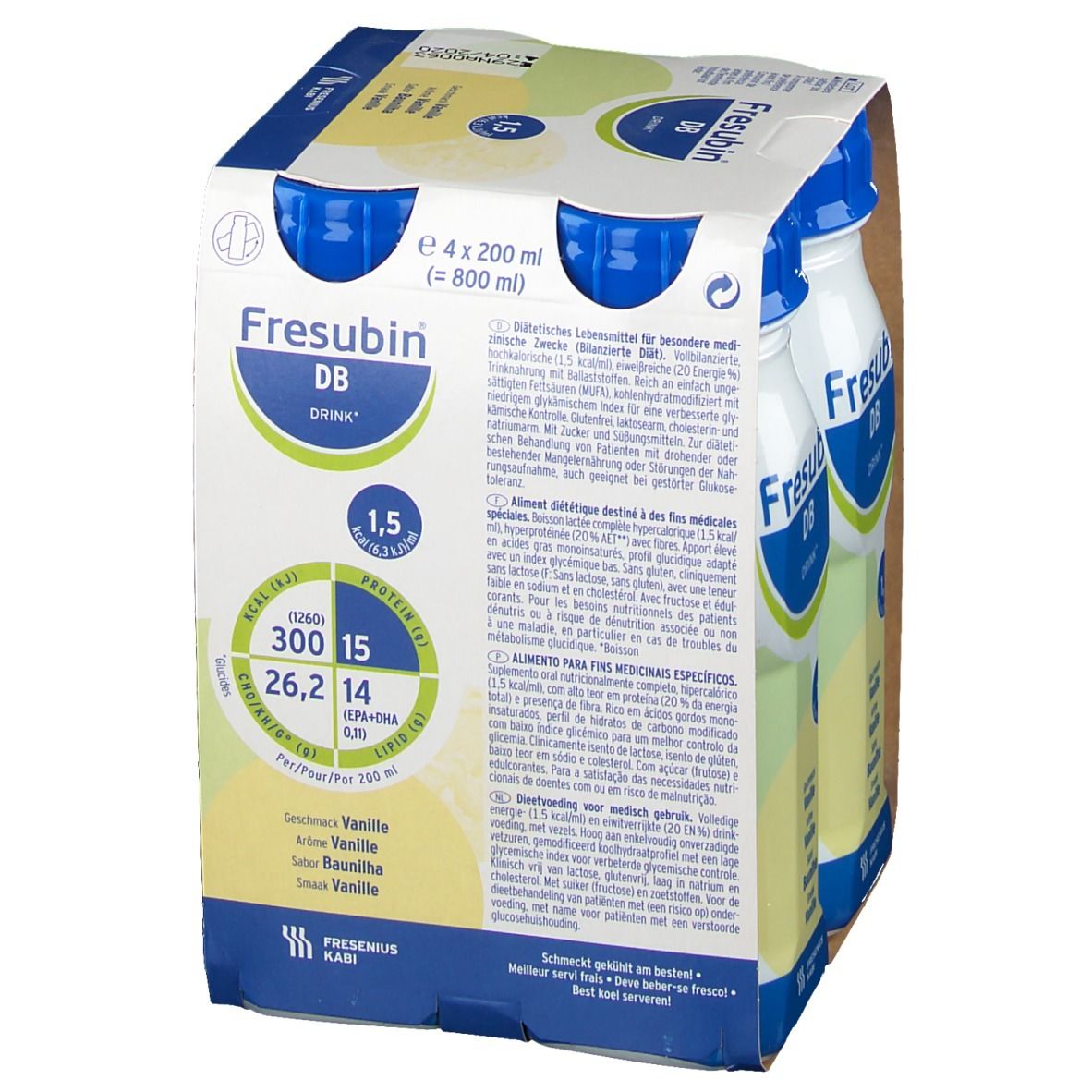 Verpakking met vier flessen Fresubin DB Drink Vanille. Blauwe doppen en witte etiketten. Opschrift: Fresubin DB Drink. Gedeeltelijk achterkant zichtbaar.