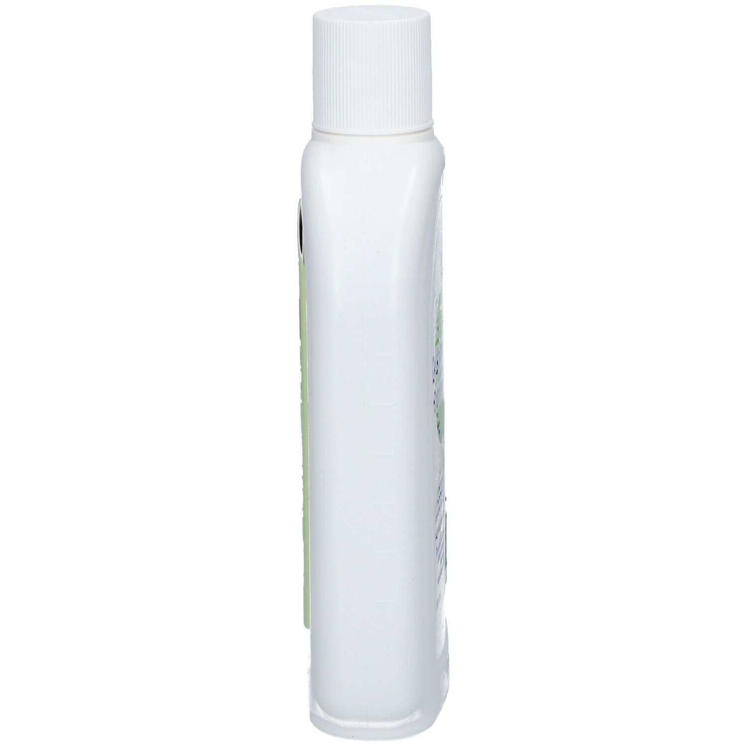 Witte fles met schroefdop. Zijaanzicht. Groen etiket gedeeltelijk zichtbaar.