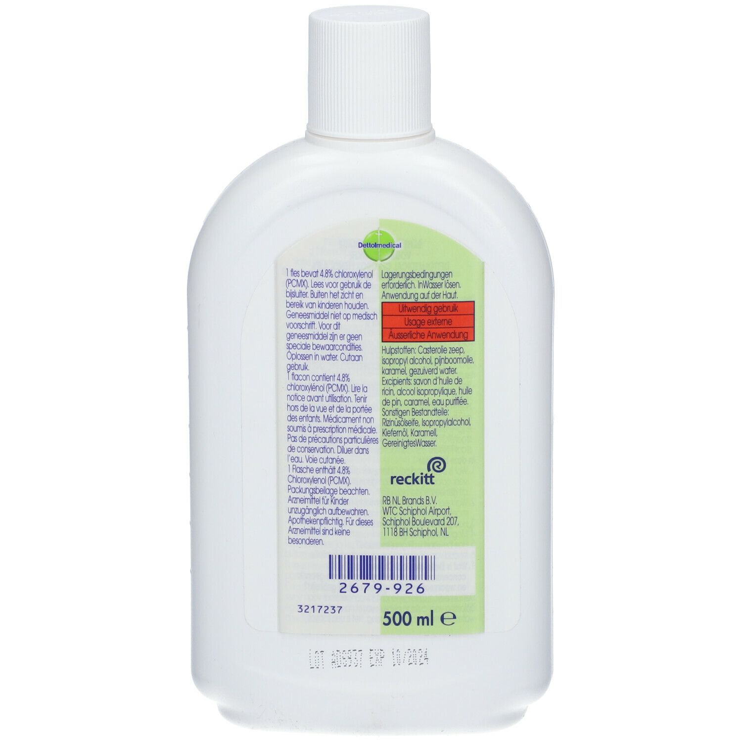 Achterkant van de witte fles. Etiket met tekst in meerdere talen. Volume: 500 ml.