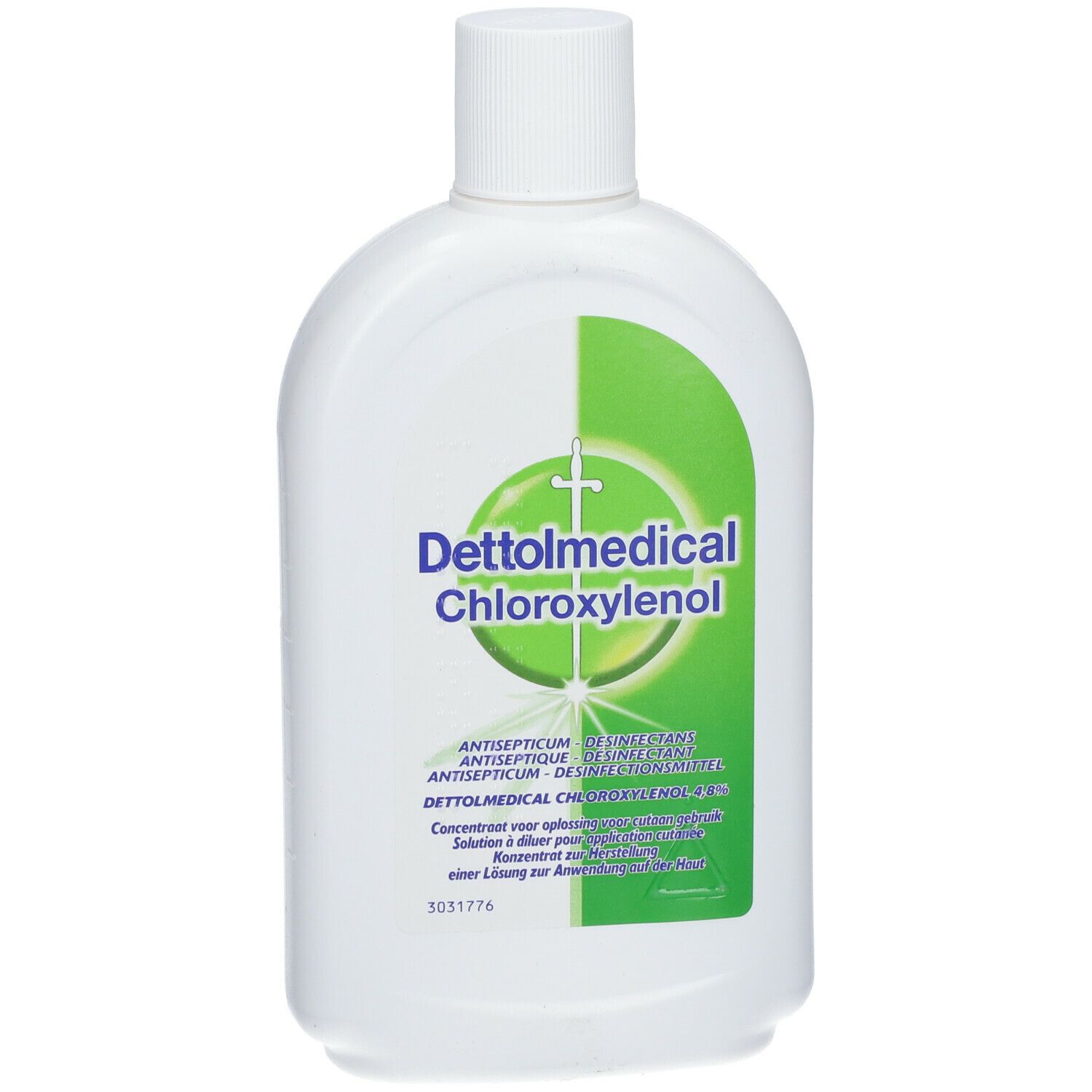 Witte fles met groen etiket. Opschrift: Dettolmedical Chloroxylenol. Antisepticum.