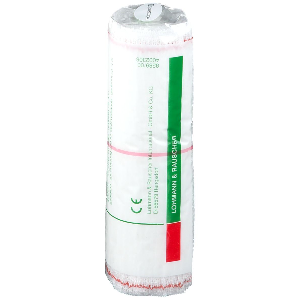 Elastisch crêpeverband. Verpakt. Merk: LOHMANN & RAUSCHER. CE-markering. Groen-rode streep.