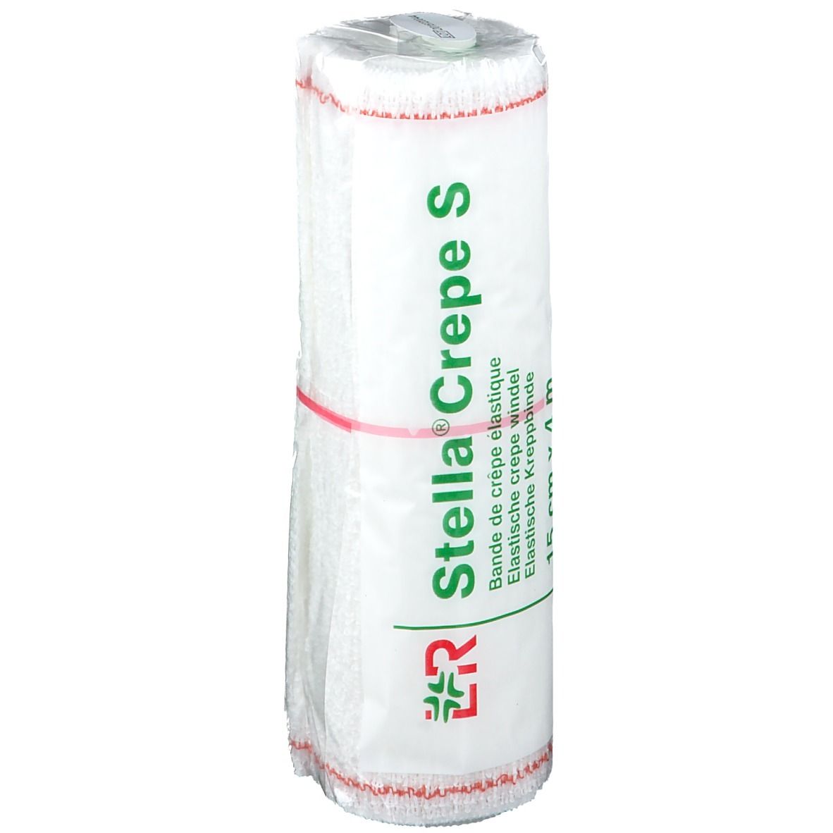 Elastisch crêpeverband. 15 cm x 4 m. Merk: Stella Crepe S. Verpakt. Rode randen.