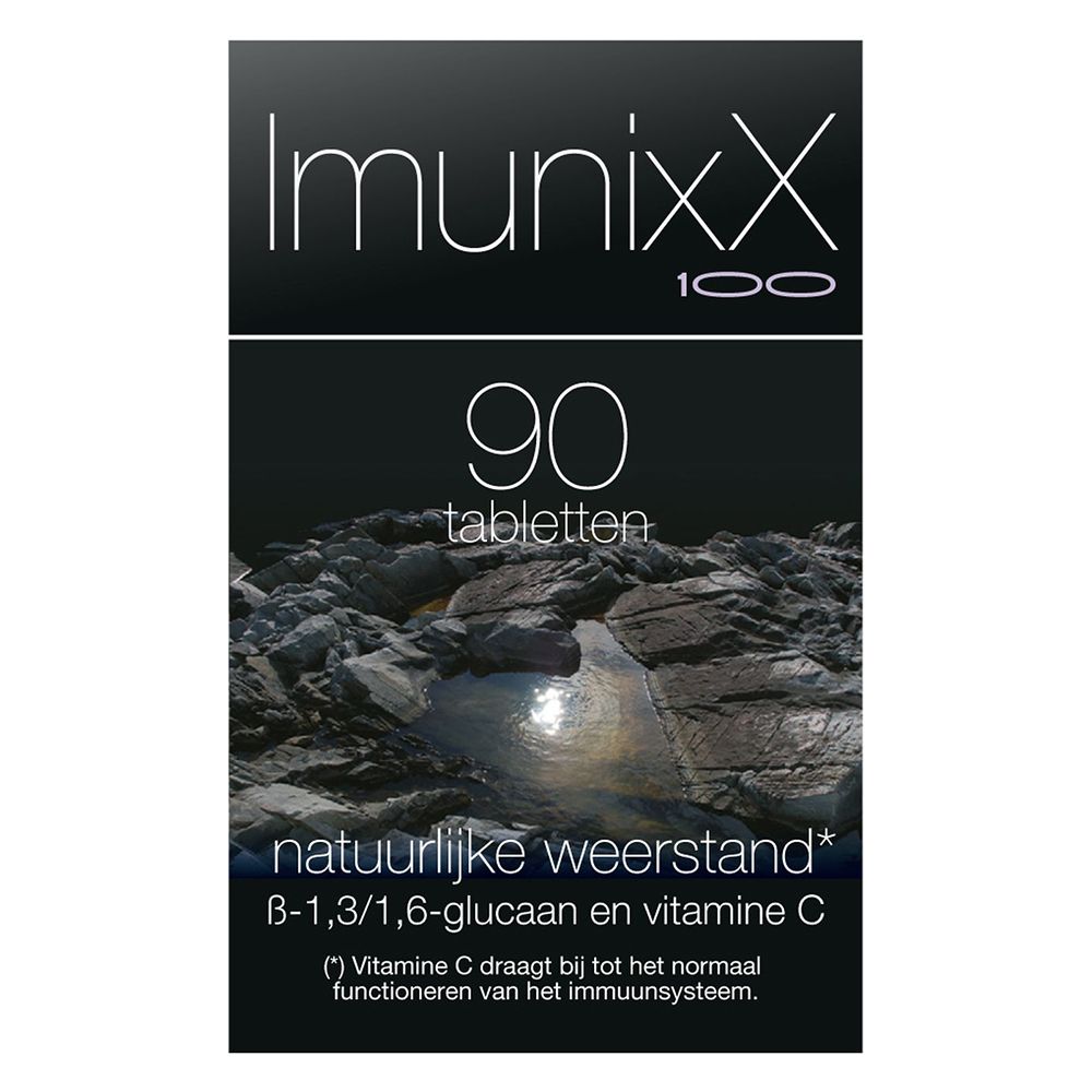 Zwarte doos. Opschrift: Imunixx 100, 90 tabletten. Tekst in het Nederlands.