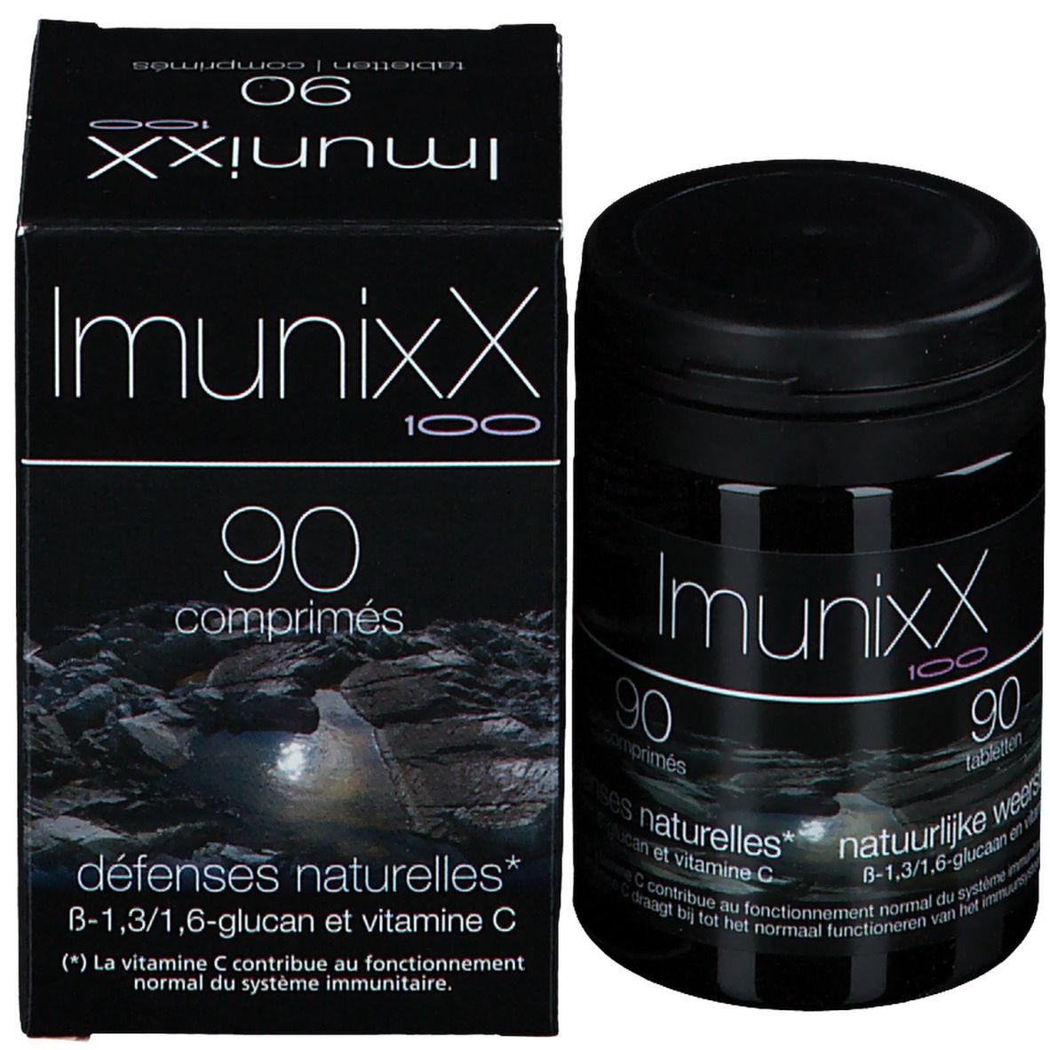 Emballage du produit : boîte et pot noirs. Inscription : Imunixx 100, 90 comprimés. Texte en français et néerlandais.