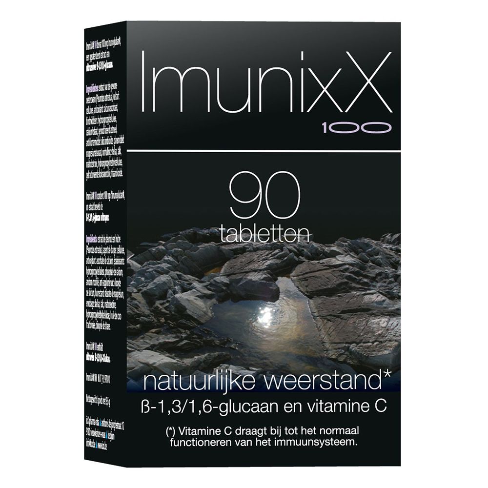 Zwarte doos. Opschrift: Imunixx 100, 90 tabletten. Tekst in het Nederlands.