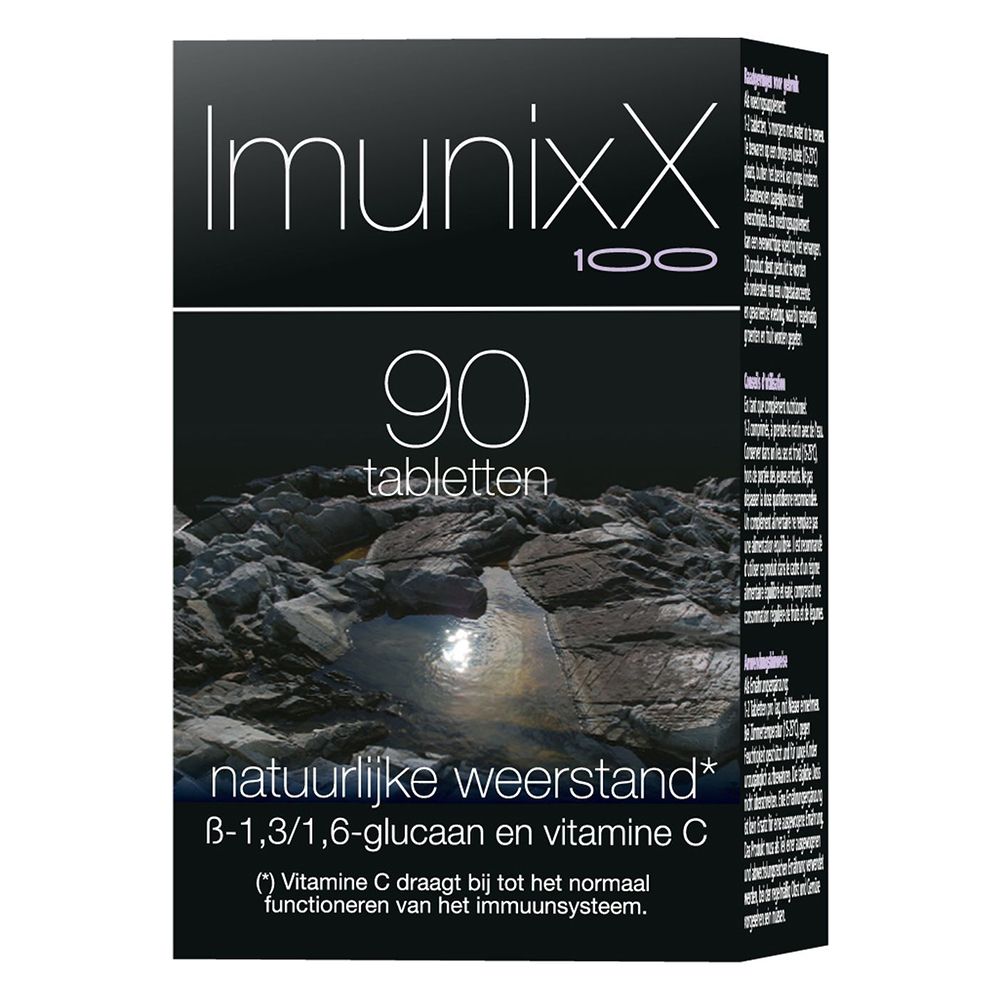 Zwarte doos. Opschrift: Imunixx 100, 90 tabletten. Tekst in het Nederlands.