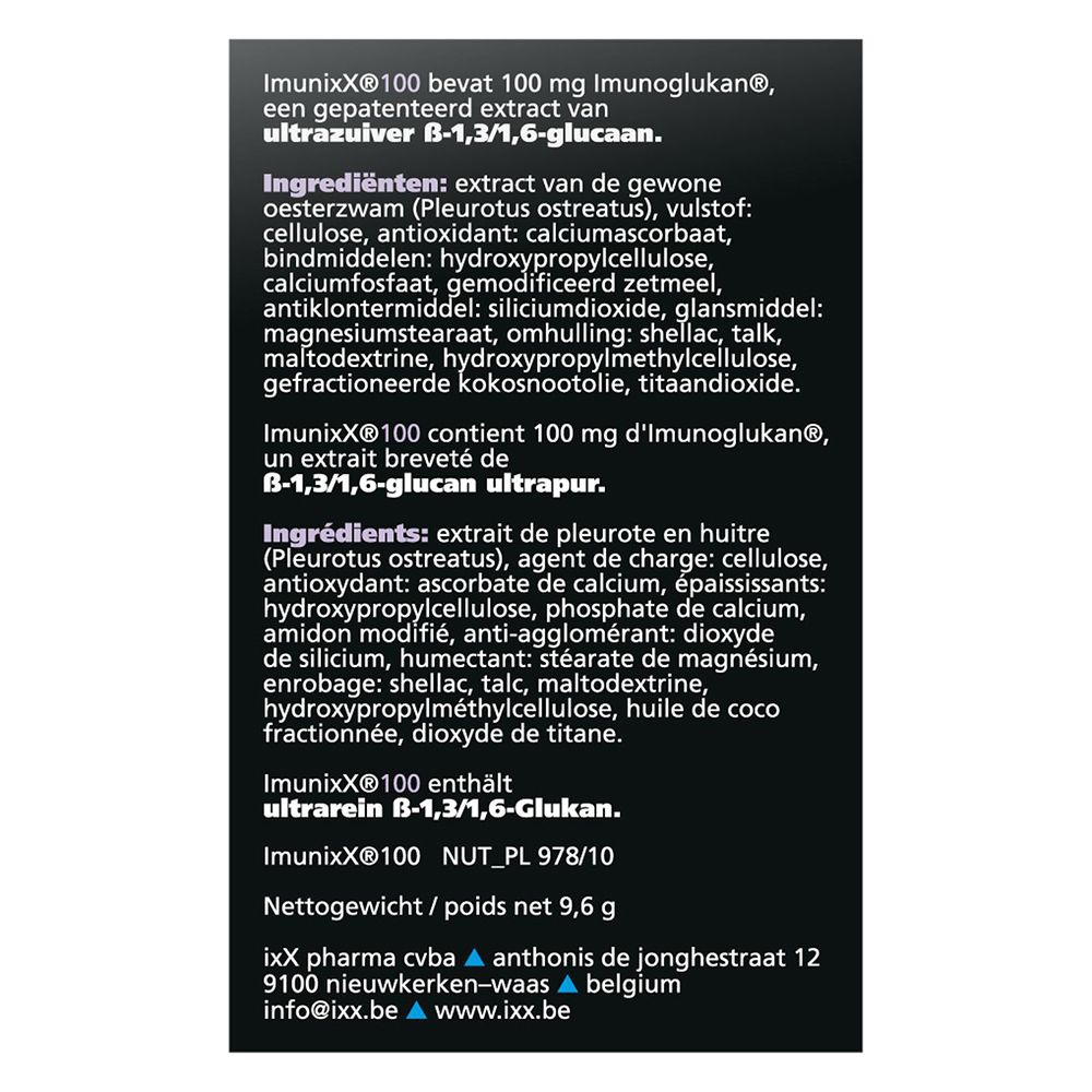 Boîte noire. Inscription : Imunixx 100, 90 comprimés. Texte en français.
