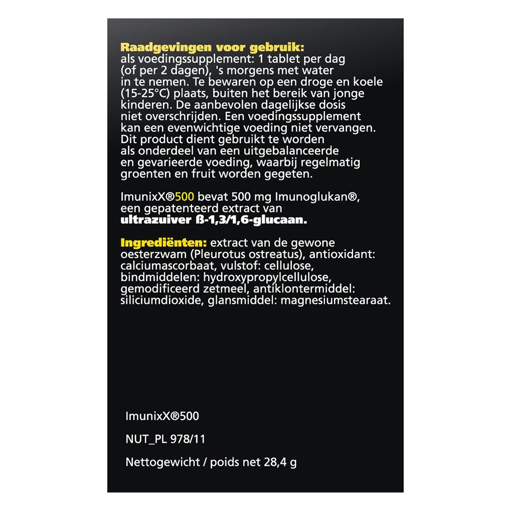 Zwarte doos Imunixx 500, 30 tabletten. Natuurlijke weerstand. B-1,3/1,6-glucaan.