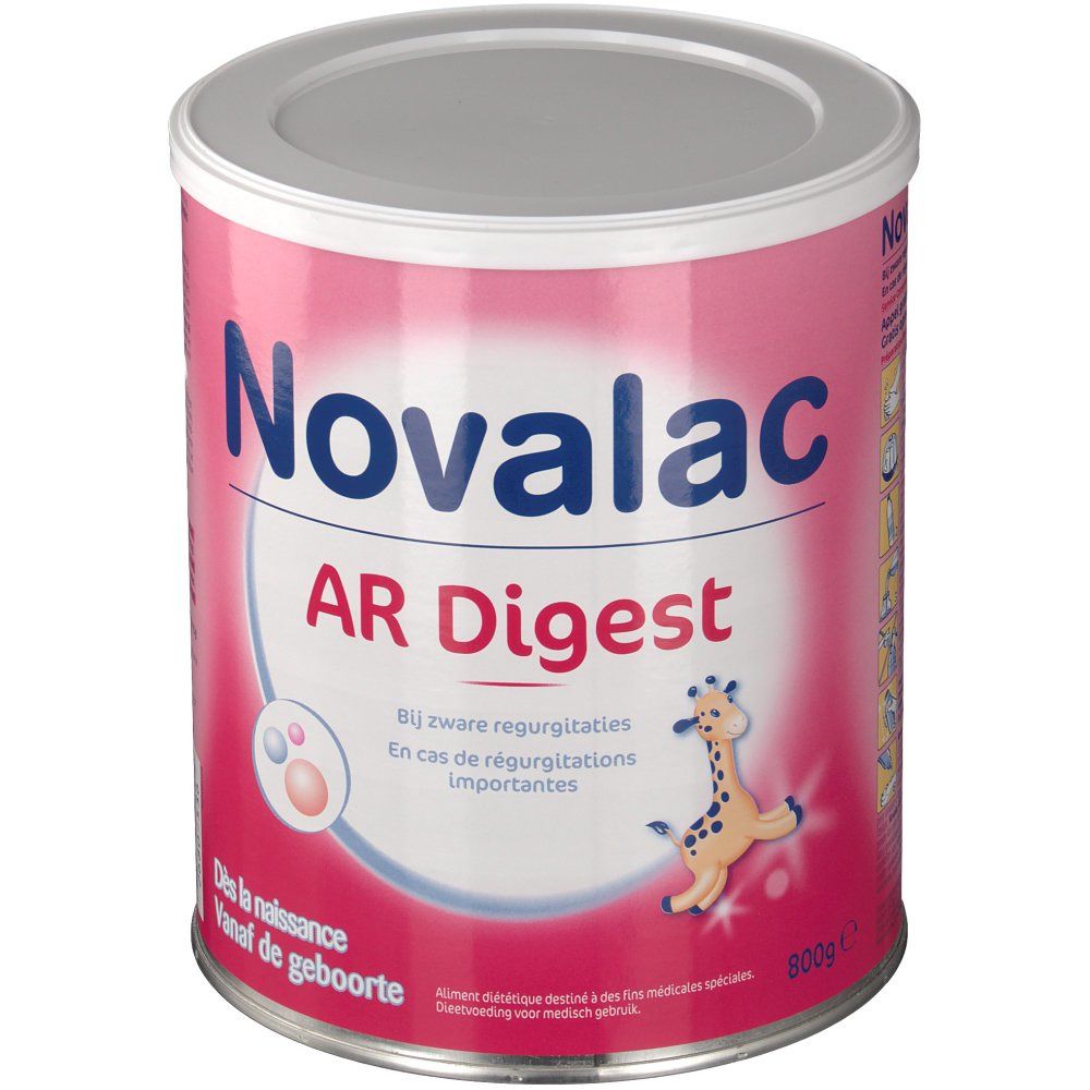 Boîte rose avec texte "Novalac AR Digest". Image d'un bébé girafe. Couvercle et boîte argentés.