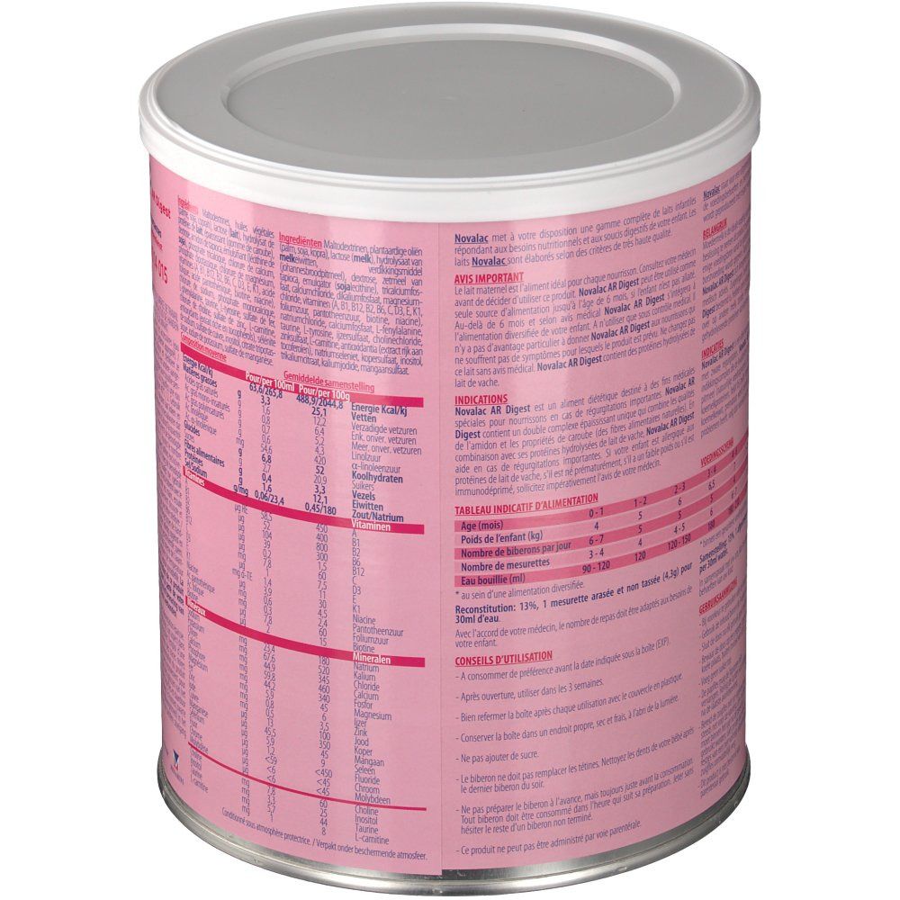 Boîte rose avec texte. Couvercle argenté. Texte en plusieurs langues. Informations nutritionnelles et instructions.