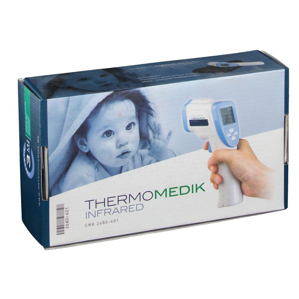 Emballage Thermomedik Infrarouge. Illustration bébé. Thermomètre en main. Logo produit et marque.
