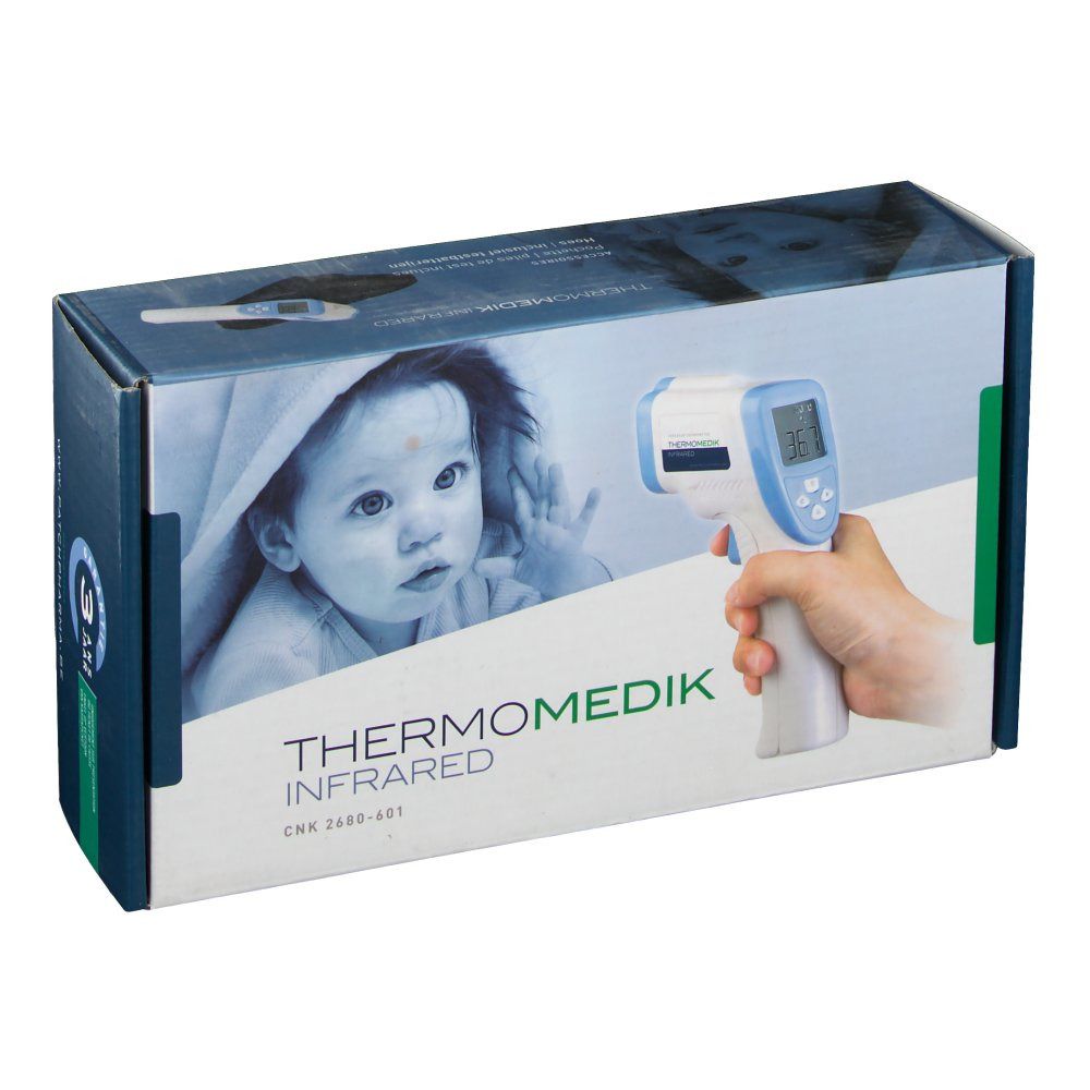 Emballage Thermomedik Infrarouge. Illustration bébé. Thermomètre en main. Logo produit et marque.