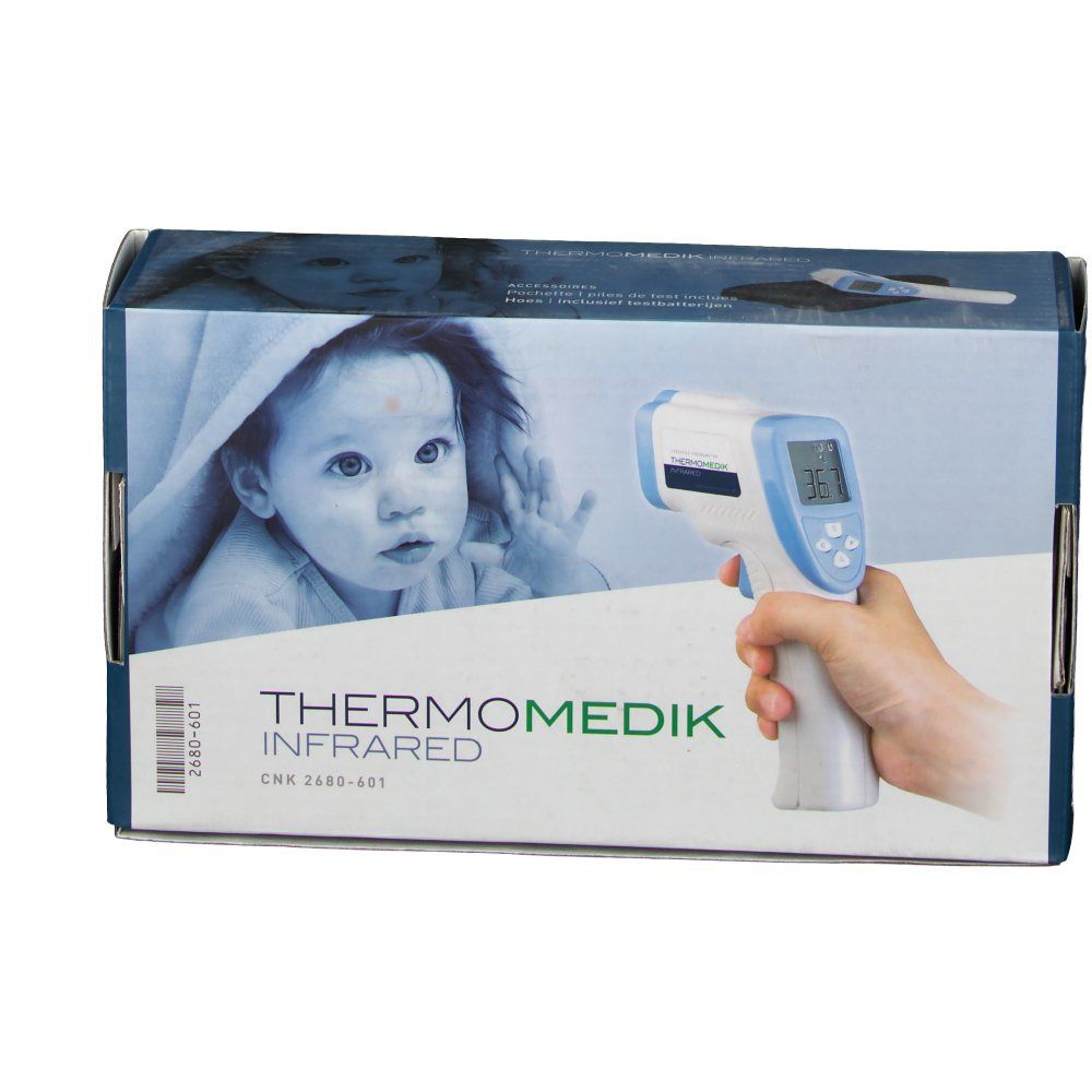 Emballage Thermomedik Infrarouge. Illustration bébé. Thermomètre en main. Design bleu et blanc.