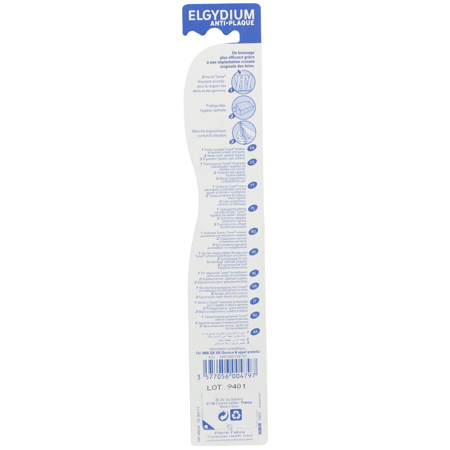 Rückseite der Verpackung. Blaue Verpackung mit Produktinformationen und Illustrationen.