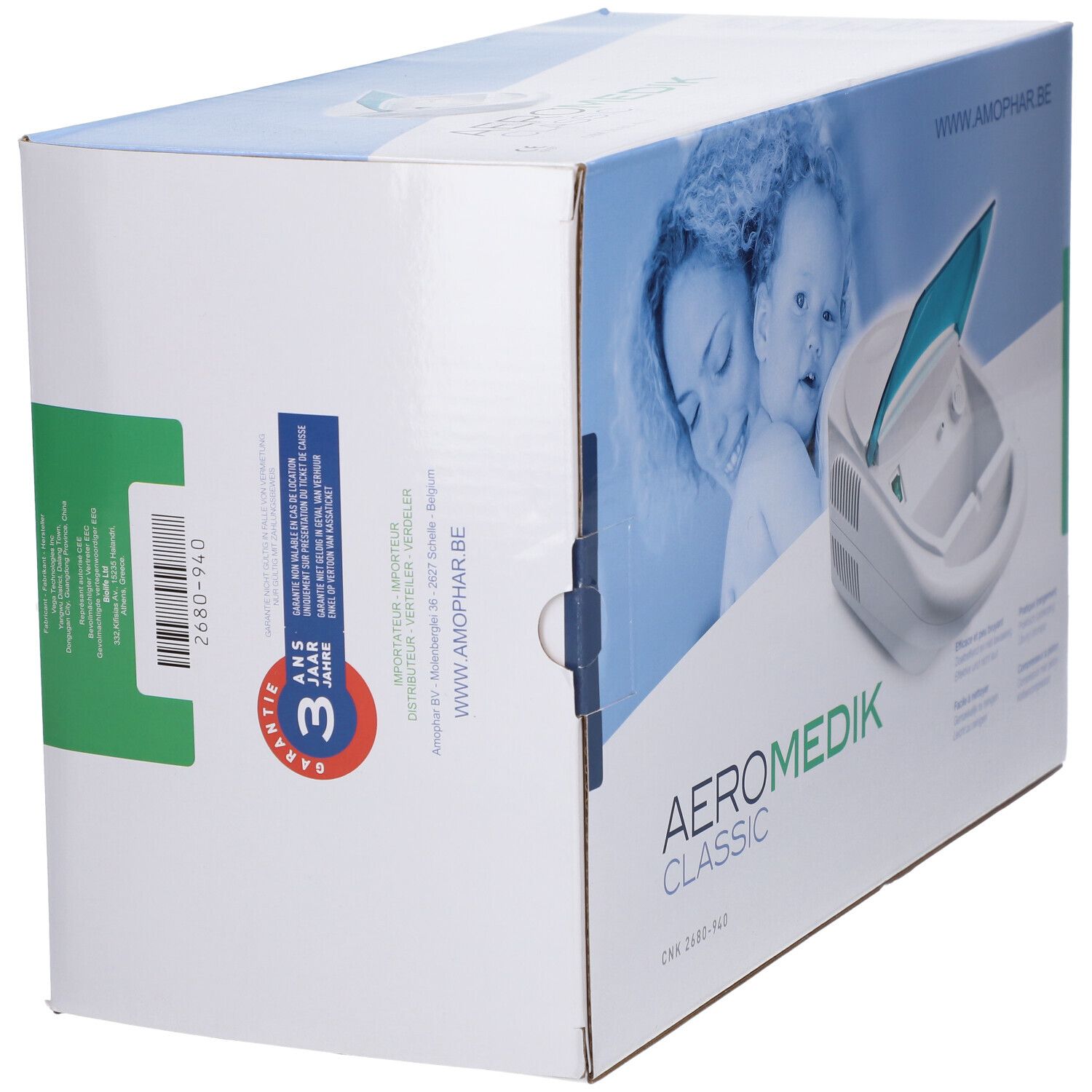 Emballage Aerosol Medik Classic. Inscription: AERO MEDIK CLASSIC. Garantie 3 ans. Autocollant vert avec code-barres.