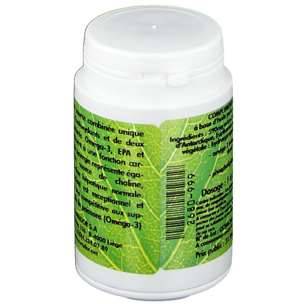 Flacon blanc avec étiquette verte. Texte: Complément alimentaire à base d'huile de krill. Ingrédients: 590mg huile de krill, oméga-3, EPA et DHA.