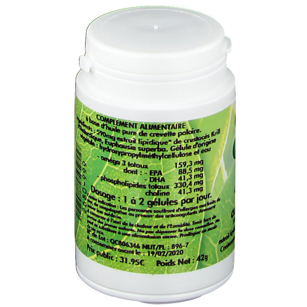 Flacon blanc avec étiquette verte. Texte: Complément alimentaire. Ingrédients: 590mg huile de krill, oméga-3, EPA et DHA. Dosage: 1-2 gélules par jour.