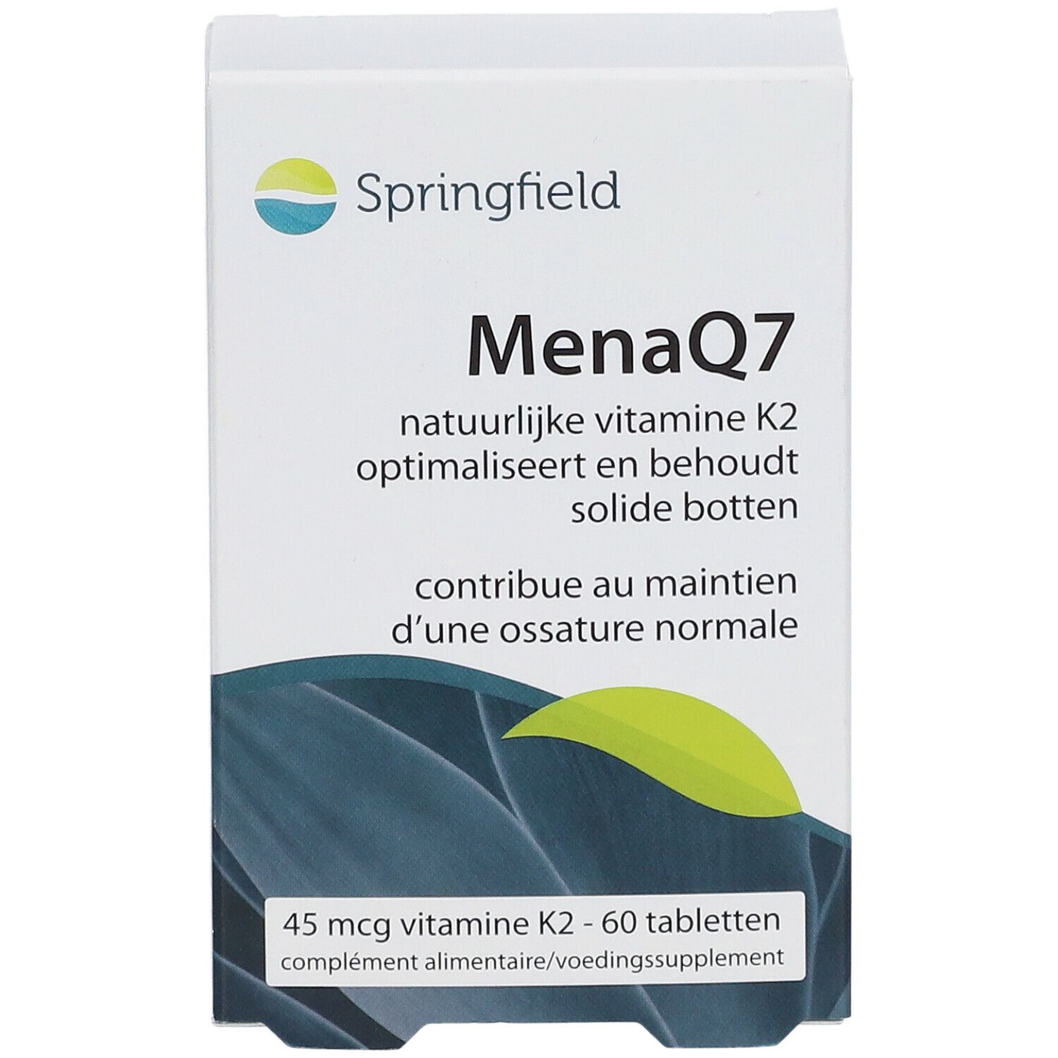 Witte doos Springfield MenaQ7. Bevat 45 mcg vitamine K2 en 60 tabletten. Groen-blauwe grafiek.