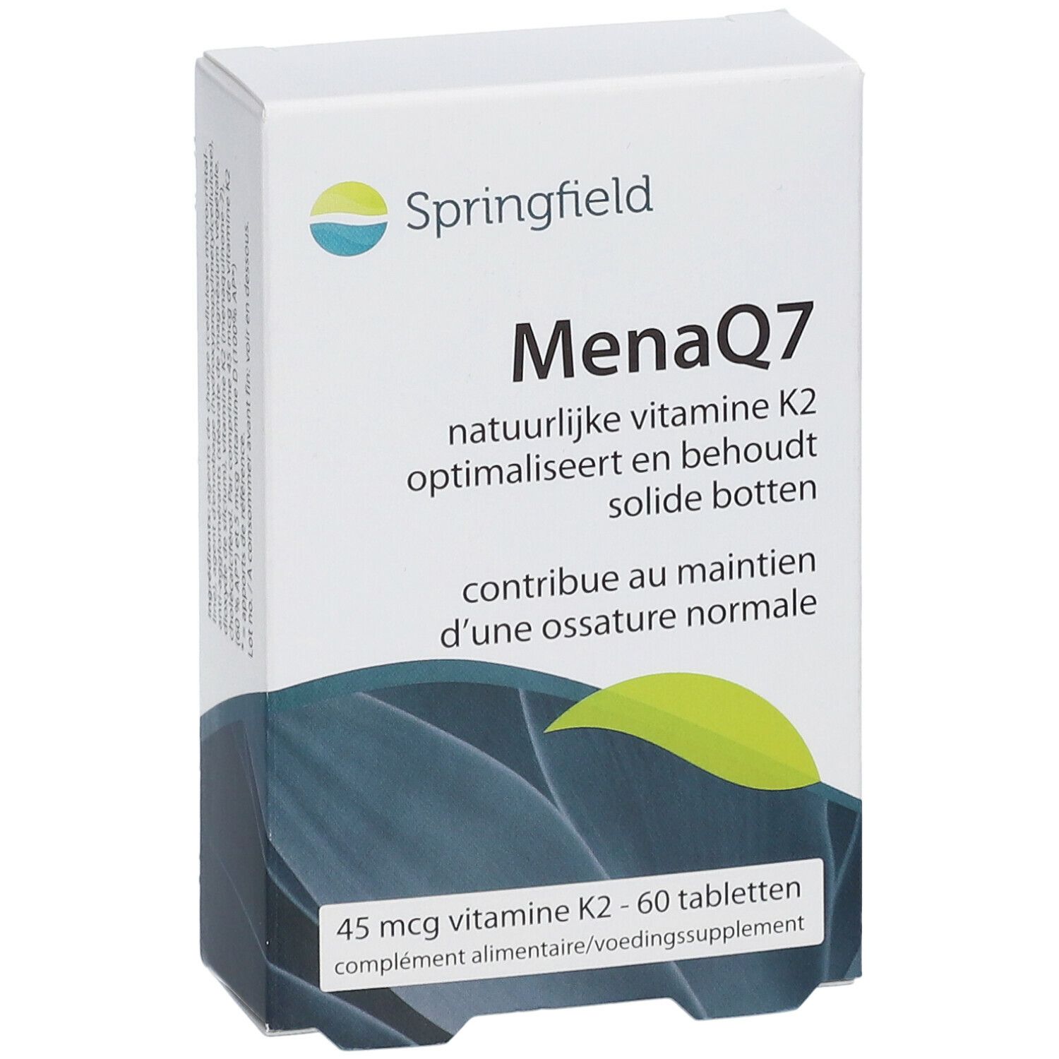 Witte doos Springfield MenaQ7. Bevat 45 mcg vitamine K2 en 60 tabletten. Groen-blauwe grafiek.