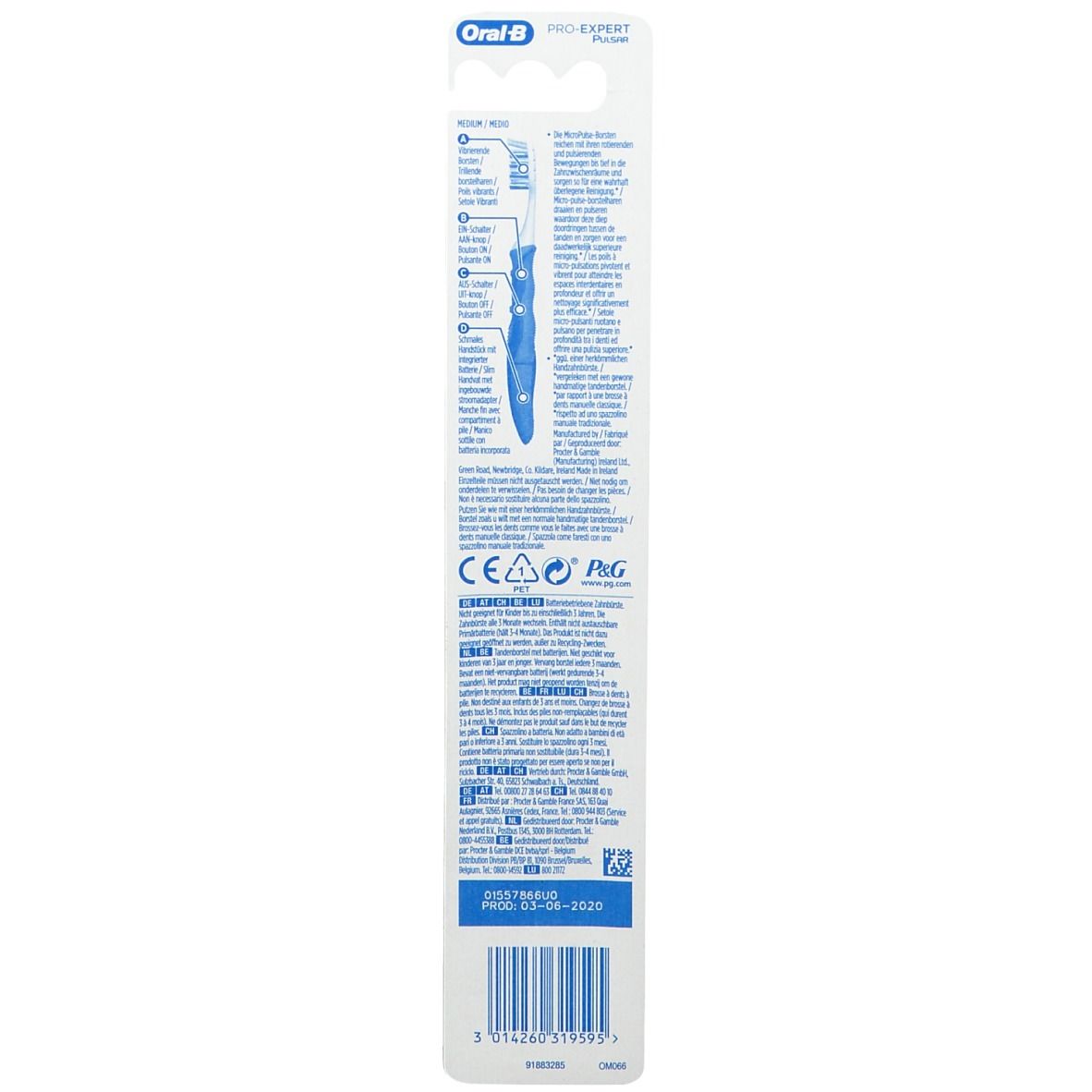 Rückseite der Oral-B Pulsar Pro-Expert Zahnbürstenverpackung. Blaue Verpackung mit Produktinformationen und Barcode.
