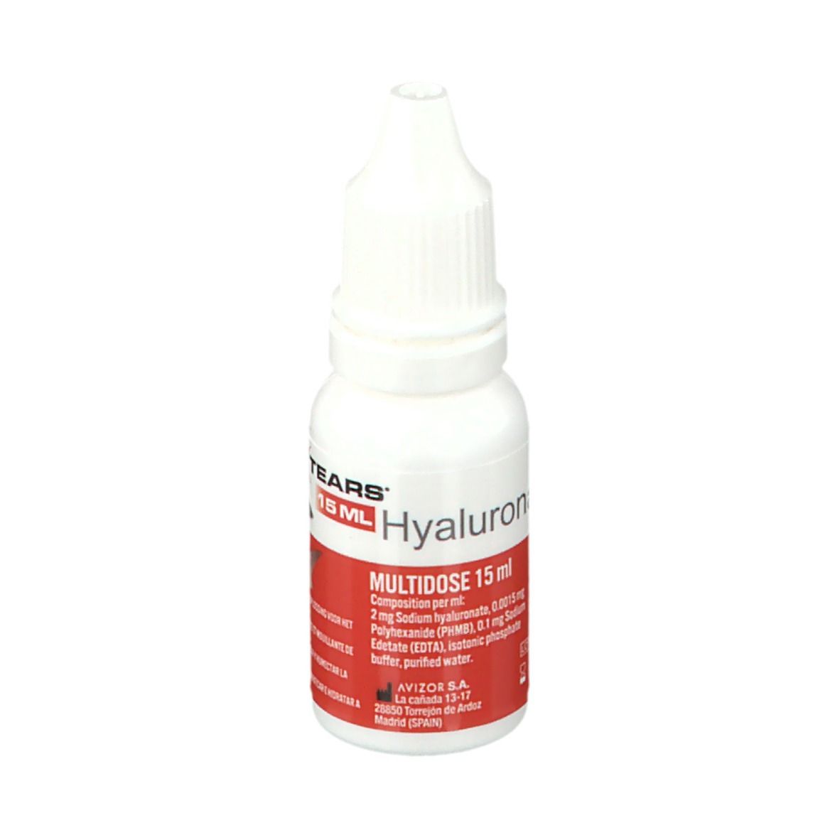 Flacon de gouttes ophtalmiques avec bouchon blanc. Inscription: Pharma Tears, 15 ml Hyaluron. Autocollant rouge avec texte.