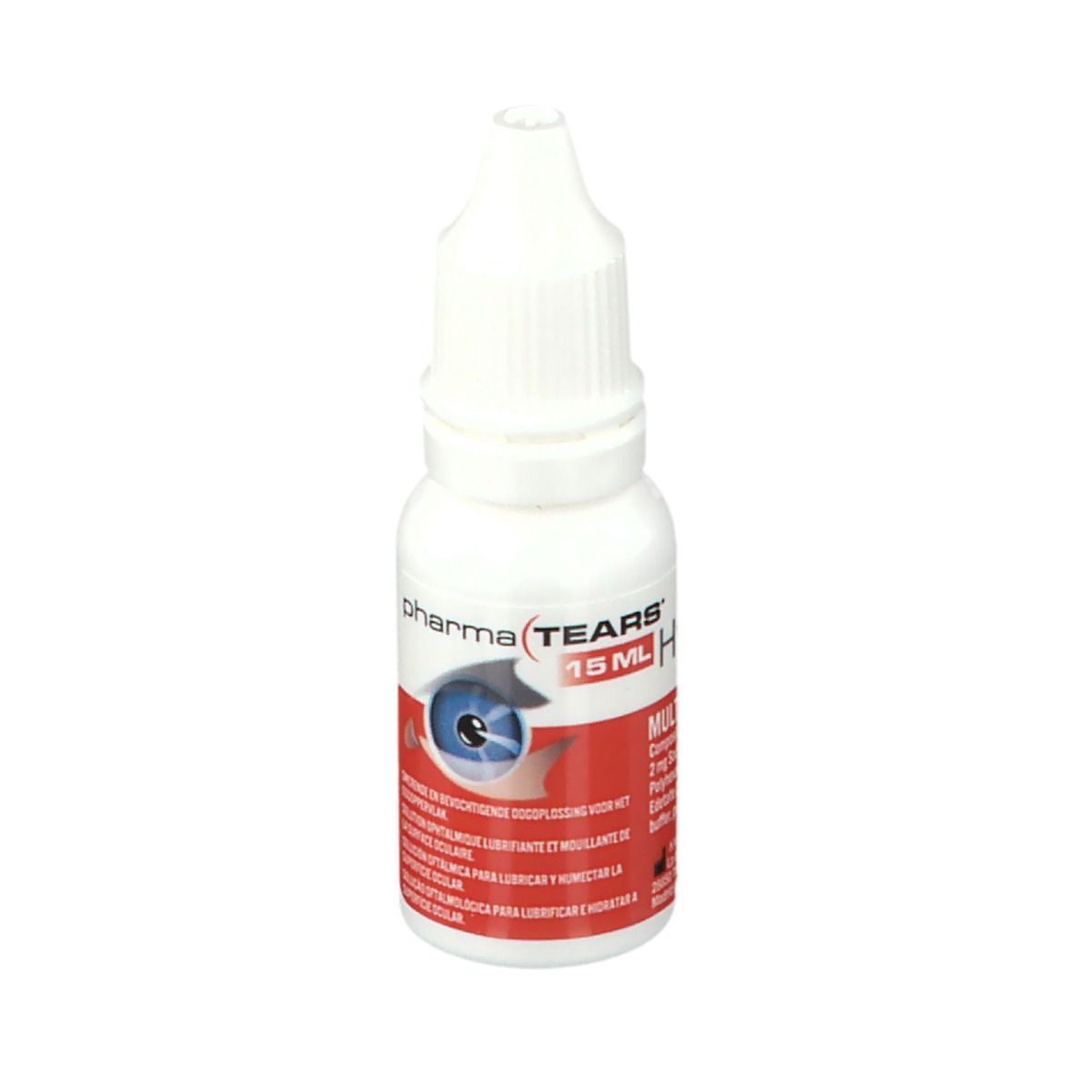 Flacon de gouttes ophtalmiques avec bouchon blanc. Inscription: Pharma Tears, 15 ml Hyaluron. Autocollant rouge avec texte.