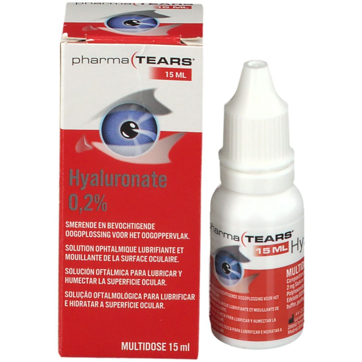Emballage du produit et flacon de gouttes ophtalmiques. Inscription: Pharma Tears, 15 ml Hyaluronate 0,2%. Autocollant rouge avec texte.