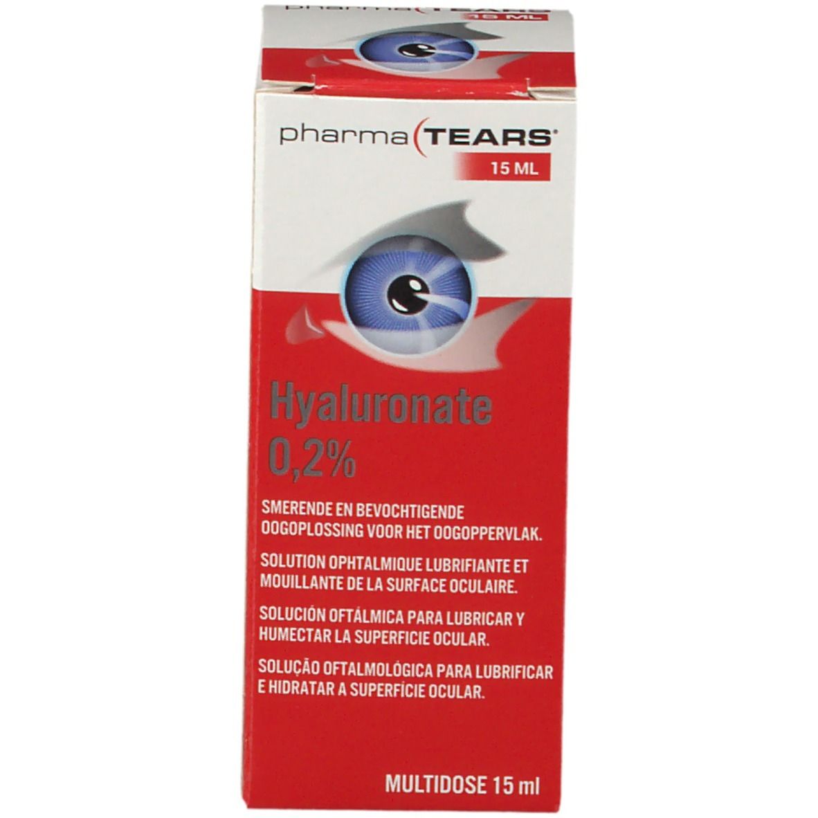 Emballage du produit. Inscription: Pharma Tears, 15 ml Hyaluronate 0,2%. Autocollant rouge avec texte et symbole de l'œil.