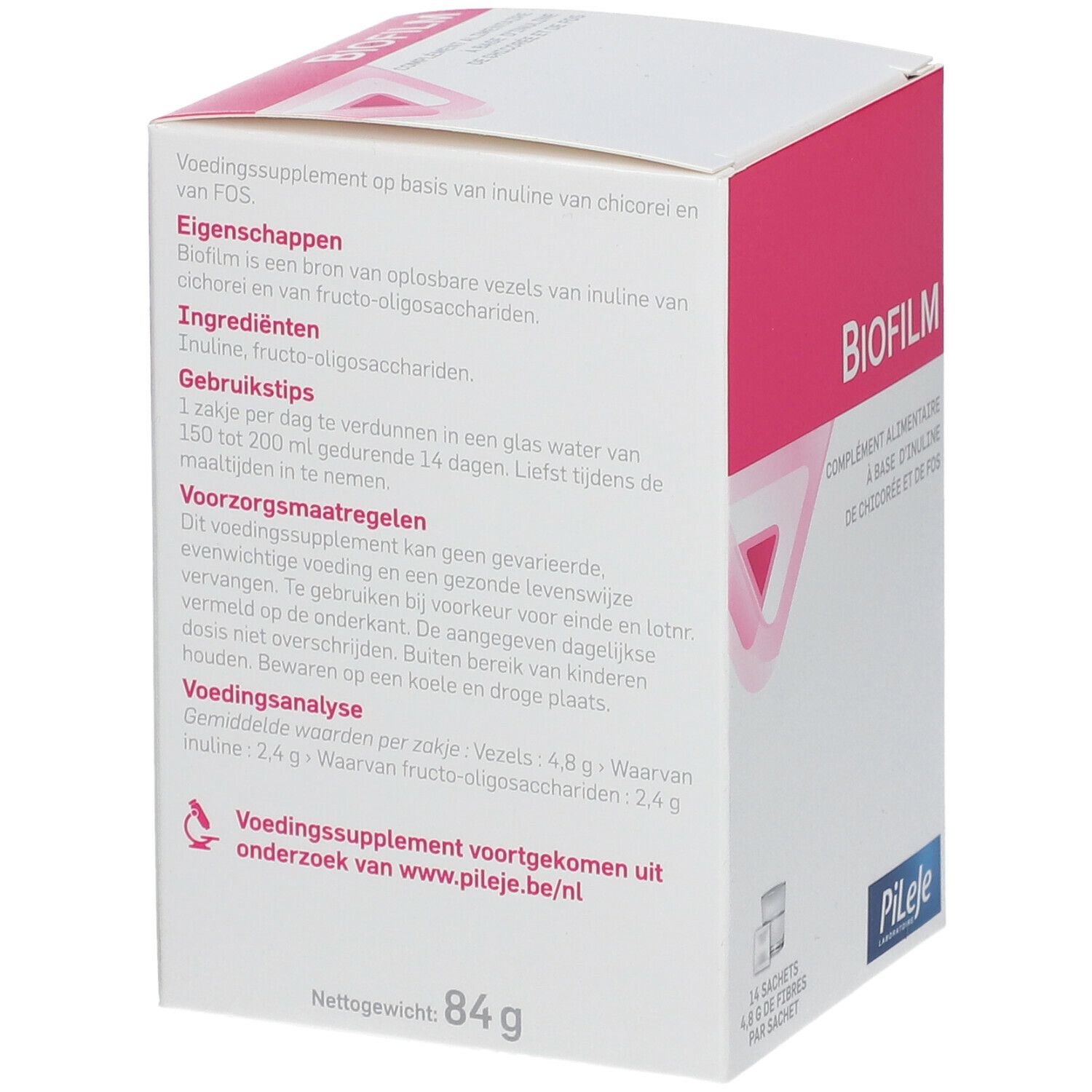 Dos de la boîte "Biofilm". Texte en néerlandais. Ingrédients, mode d'emploi et informations nutritionnelles. Marque PiLeje.