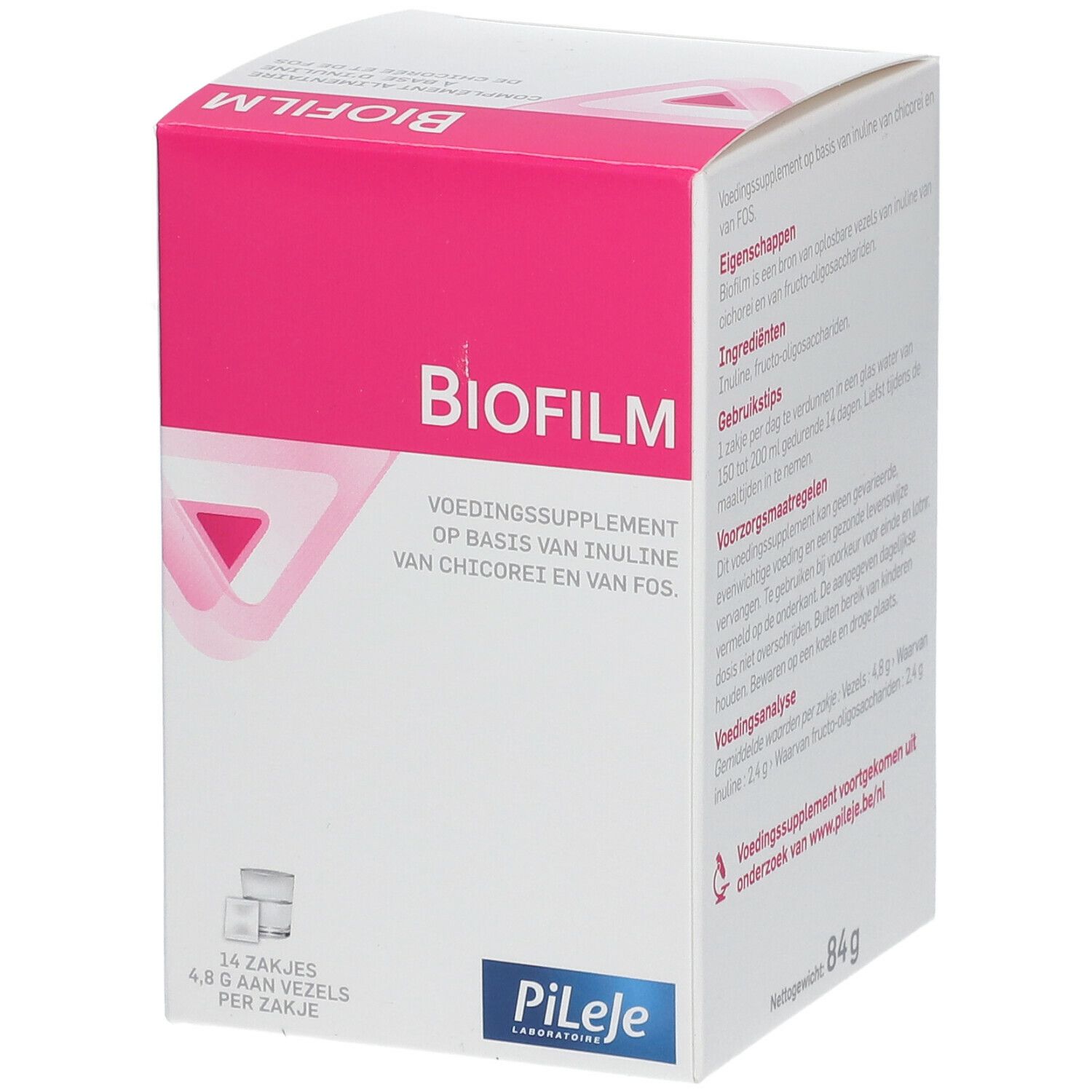 Boîte "Biofilm" en biais. Blanc et rose. Contient 14 sachets. Ingrédients et informations nutritionnelles. Marque PiLeje.