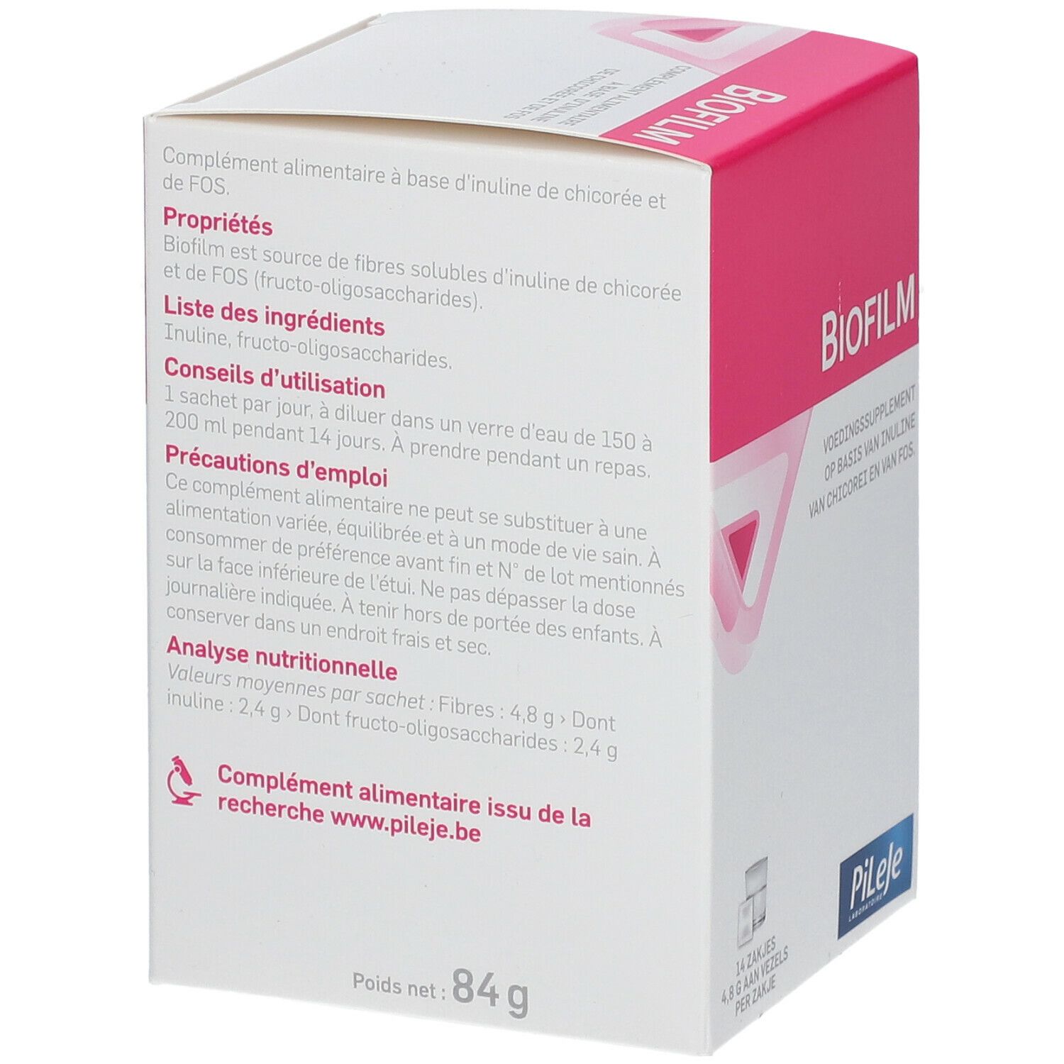Dos de la boîte "Biofilm". Texte en français. Ingrédients, mode d'emploi et informations nutritionnelles. Marque PiLeje.