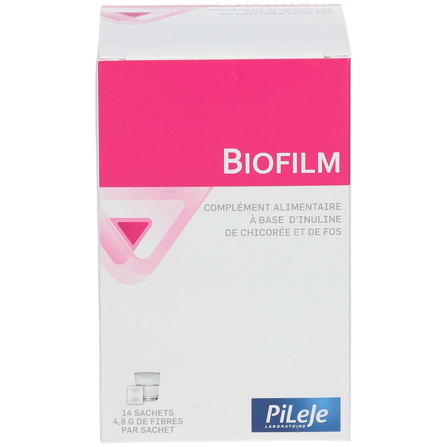 Face avant de la boîte "Biofilm". Blanc et rose. Contient 14 sachets. Ingrédients et informations nutritionnelles. Marque PiLeje.